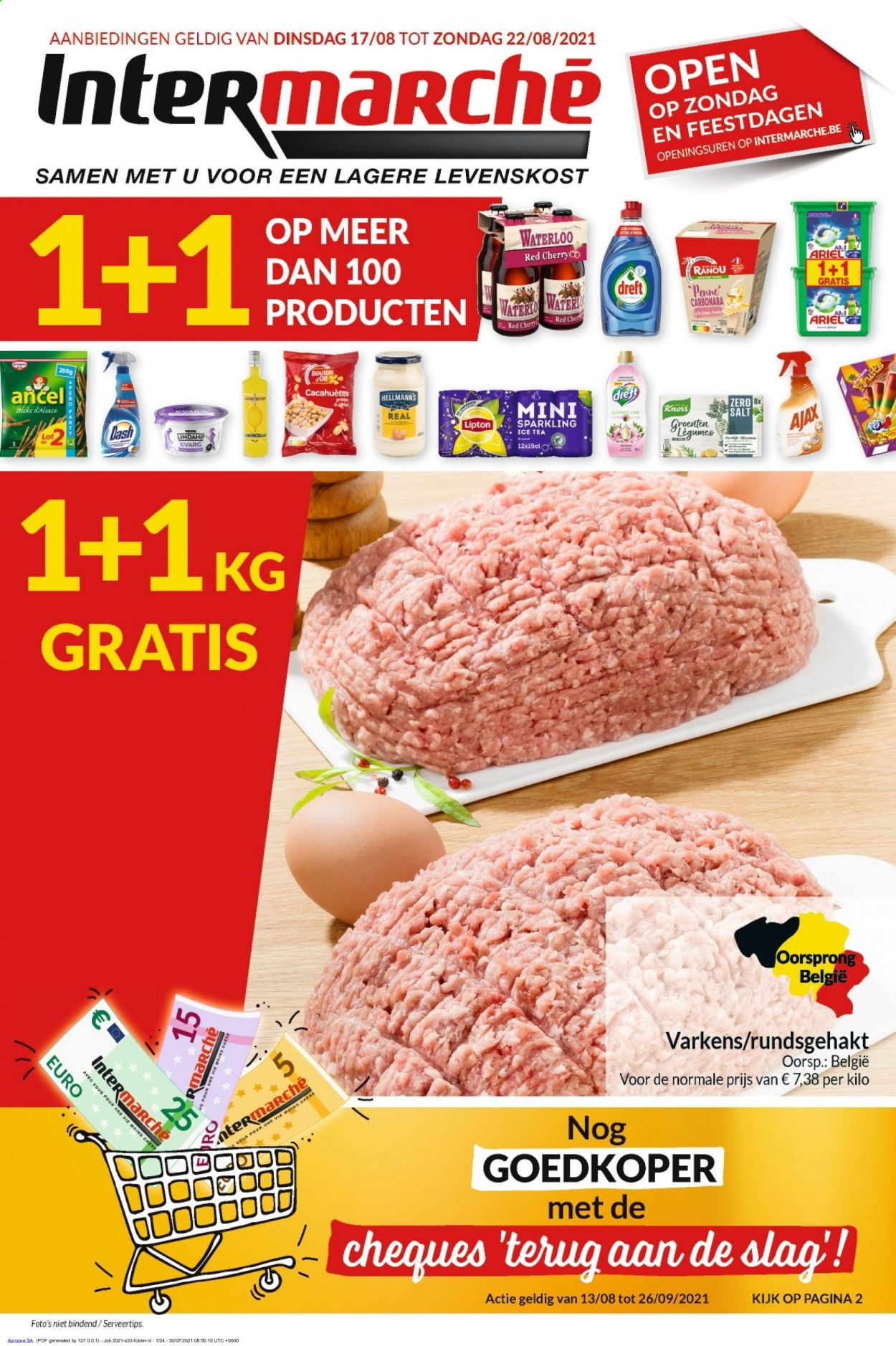 thumbnail - Catalogue Intermarché - 17/08/2021 - 22/08/2021 - Produits soldés - Knorr, cacahuètes, pâtes, Lipton, thé glacé, Ajax, Ariel. Page 1.