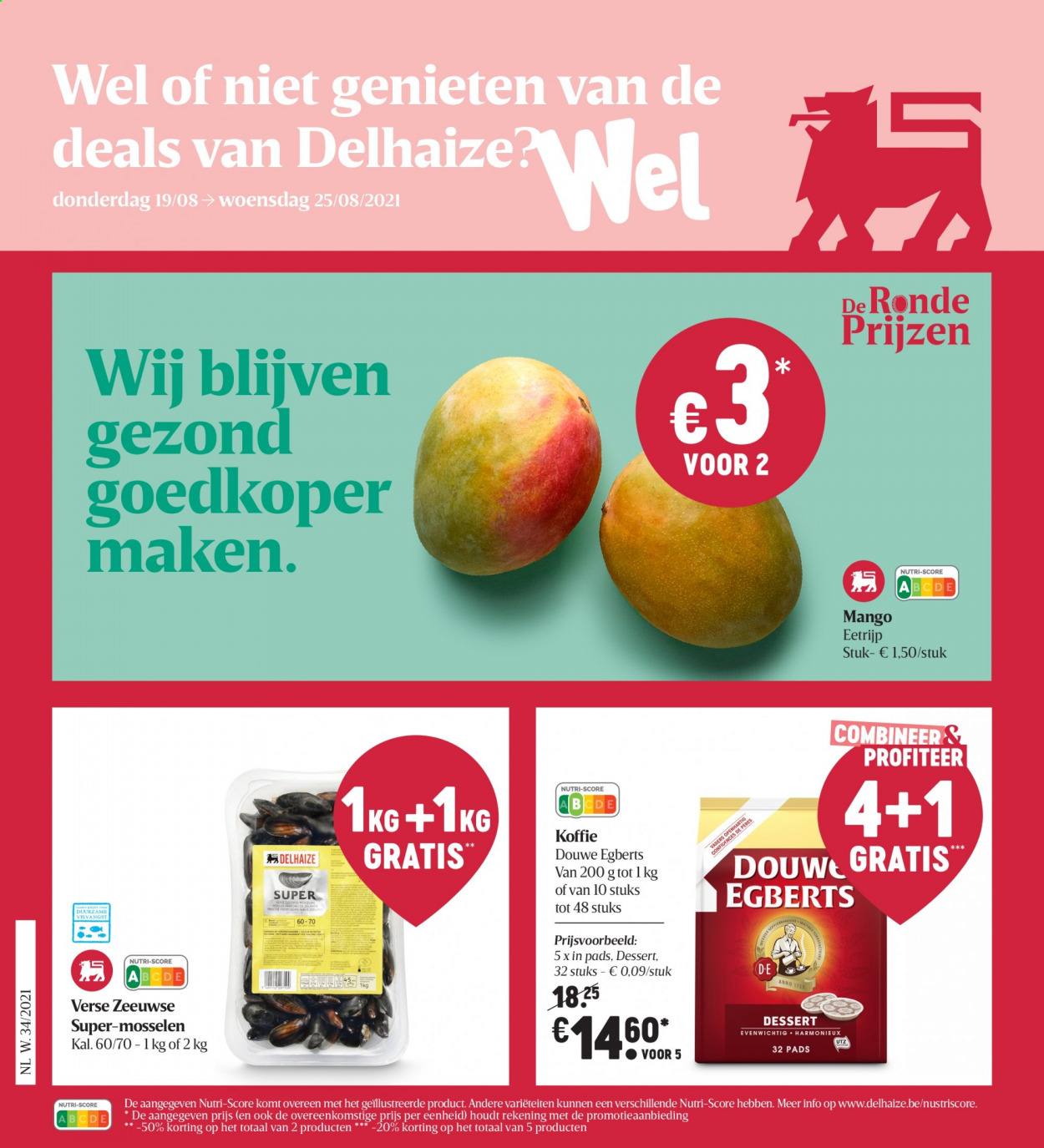 thumbnail - Delhaize-aanbieding - 19/08/2021 - 25/08/2021 -  producten in de aanbieding - mango, Douwe Egberts, koffie. Pagina 1.