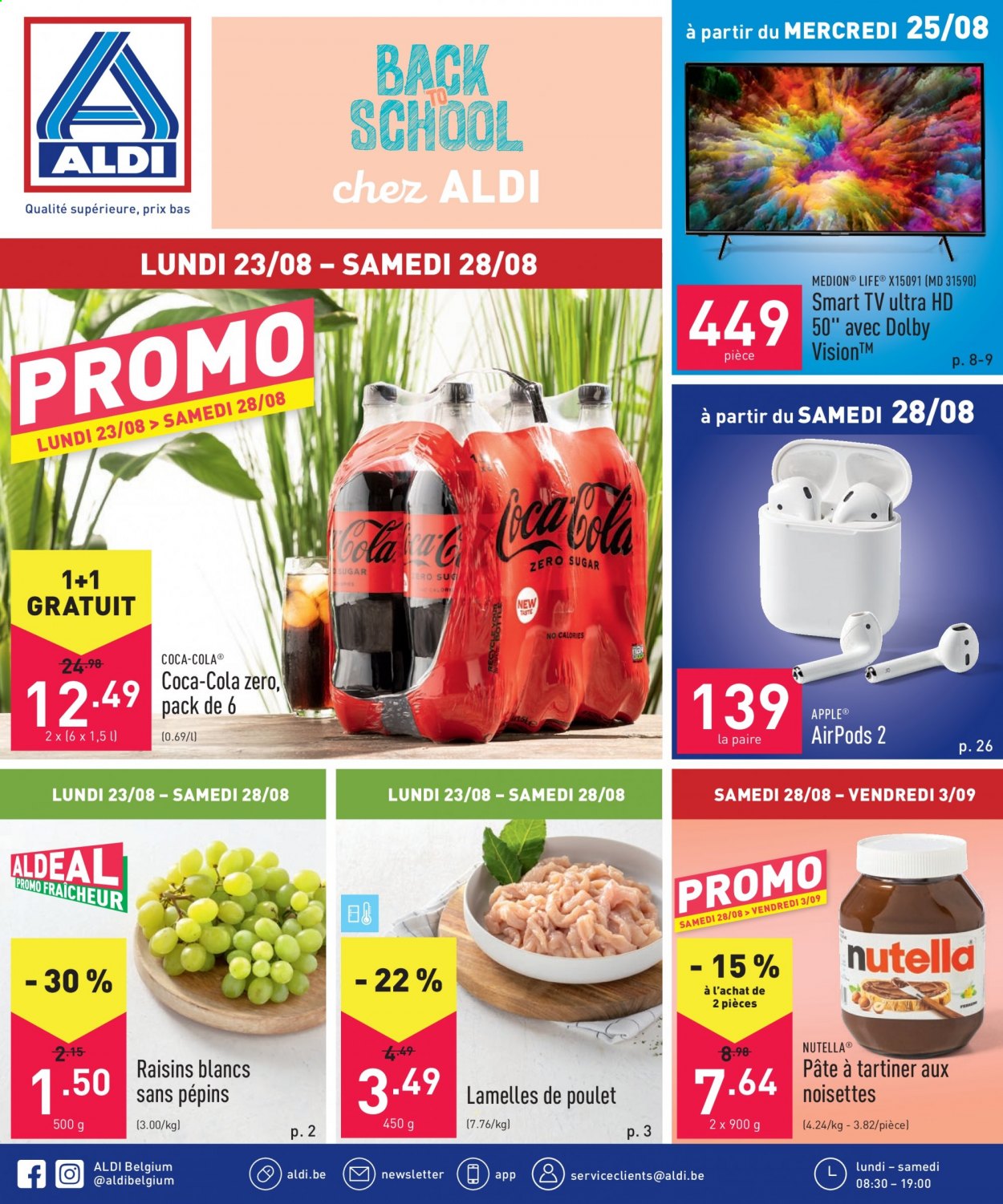 thumbnail - Catalogue ALDI - 23/08/2021 - 28/08/2021 - Produits soldés - pâte à tartiner, Nutella, raisins, Coca-Cola. Page 1.