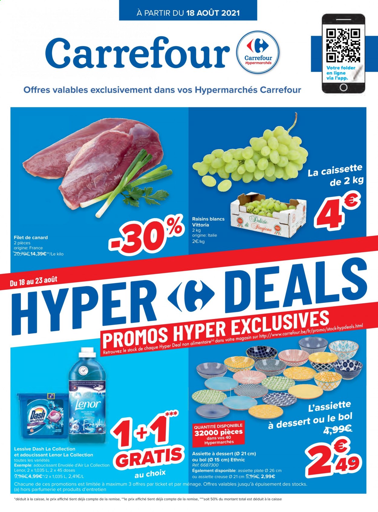 thumbnail - Catalogue Carrefour hypermarkt - 18/08/2021 - 30/08/2021 - Produits soldés - filet de canard, raisins, assouplissant, lessive, Lenor. Page 1.