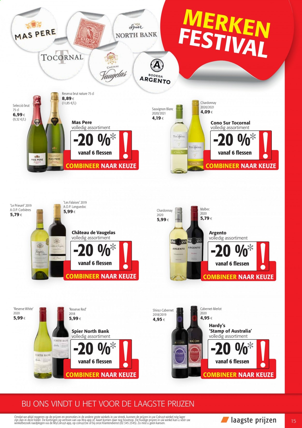thumbnail - Colruyt-aanbieding - 25/08/2021 - 07/09/2021 -  producten in de aanbieding - Chardonnay, Merlot, Sauvignon Blanc. Pagina 15.