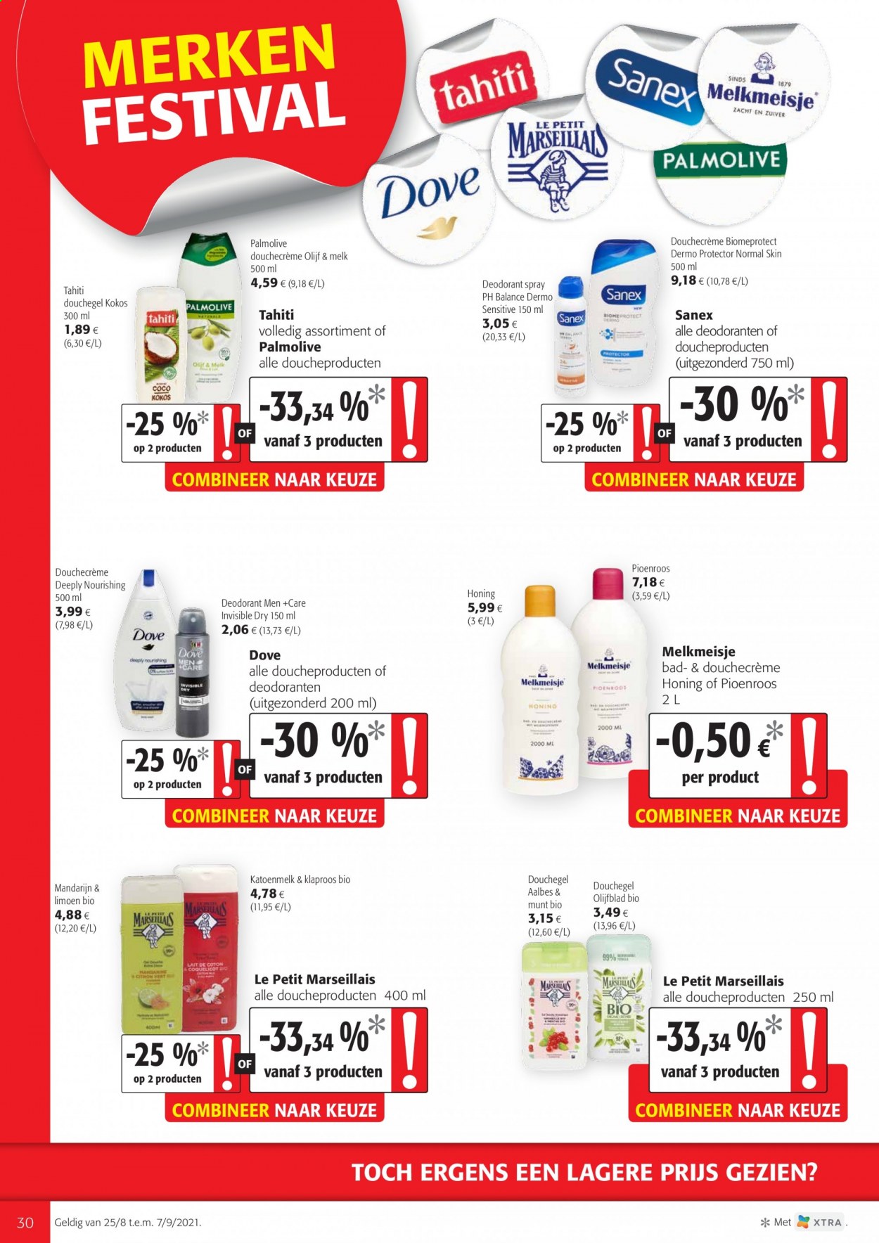 thumbnail - Colruyt-aanbieding - 25/08/2021 - 07/09/2021 -  producten in de aanbieding - limoen, mandarijn, melk, munt, douchegel, Sanex, Dove, Palmolive, deodorant. Pagina 30.