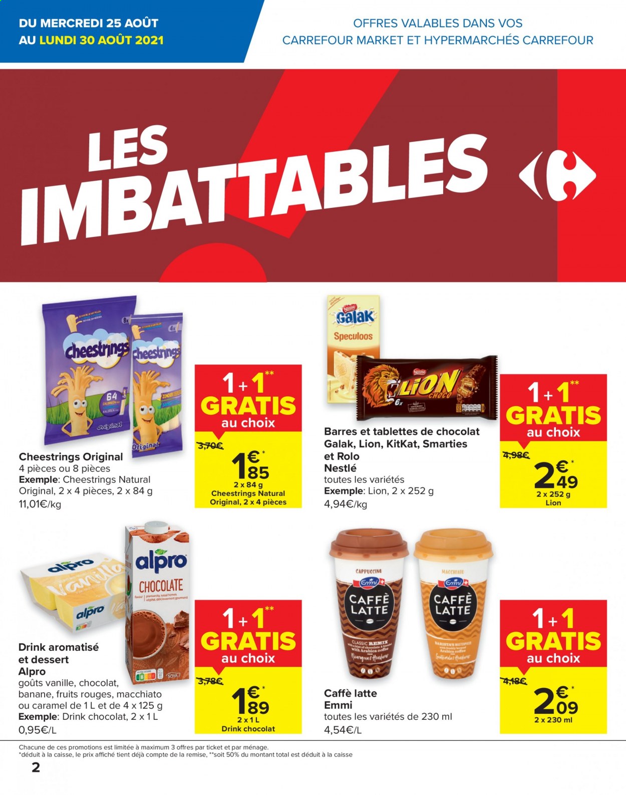 thumbnail - Catalogue Carrefour - 25/08/2021 - 06/09/2021 - Produits soldés - bananes, dessert, Nestlé, galak, Alpro, chocolat, Smarties, Lion, KitKat. Page 2.