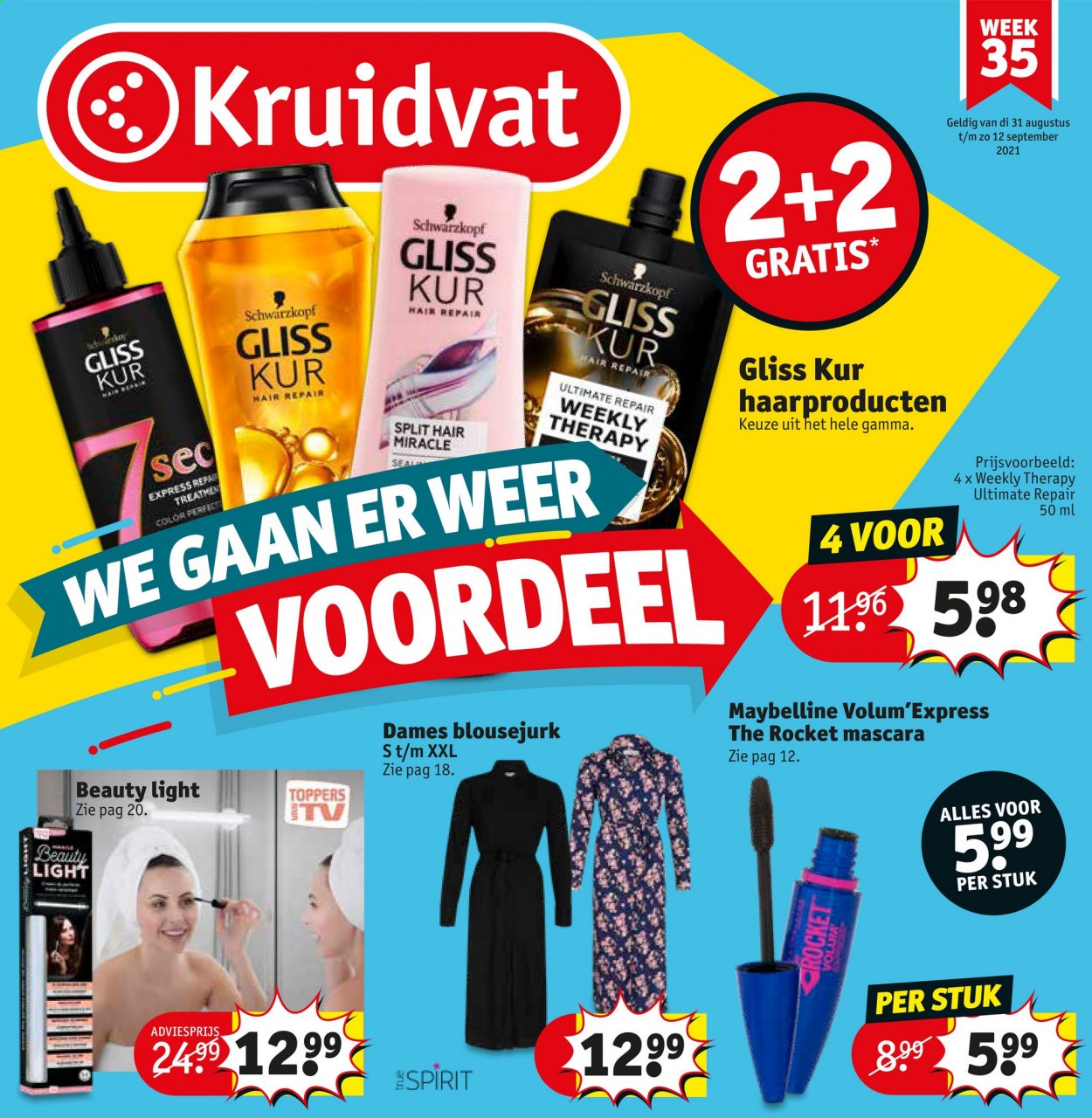 thumbnail - Kruidvat-aanbieding - 30/08/2021 - 12/09/2021 -  producten in de aanbieding - mascara, Maybelline, Gliss Kur, Schwarzkopf, Gamma, blousejurk. Pagina 1.
