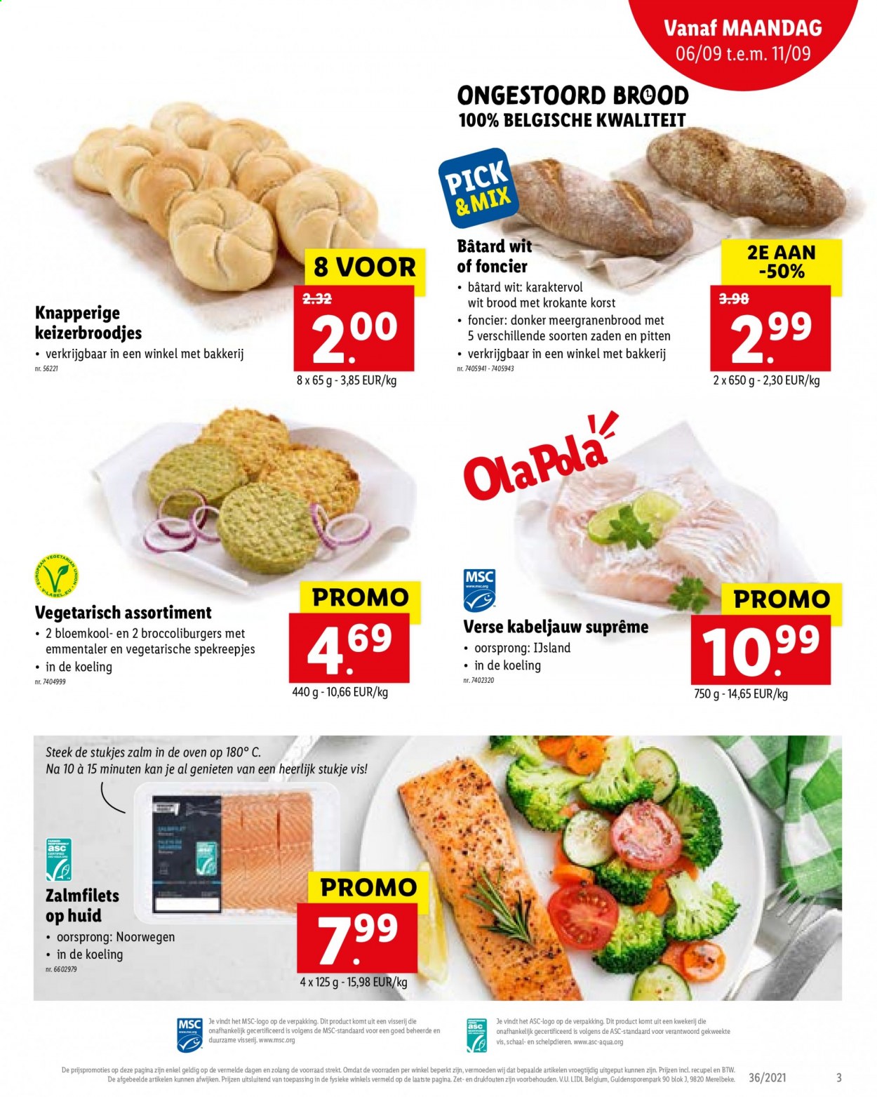 thumbnail - Lidl-aanbieding - 06/09/2021 - 11/09/2021 -  producten in de aanbieding - meergranenbrood, brood, bloemkool, kabeljauw, zalm, vegetarisch eten, spekreepjes. Pagina 3.