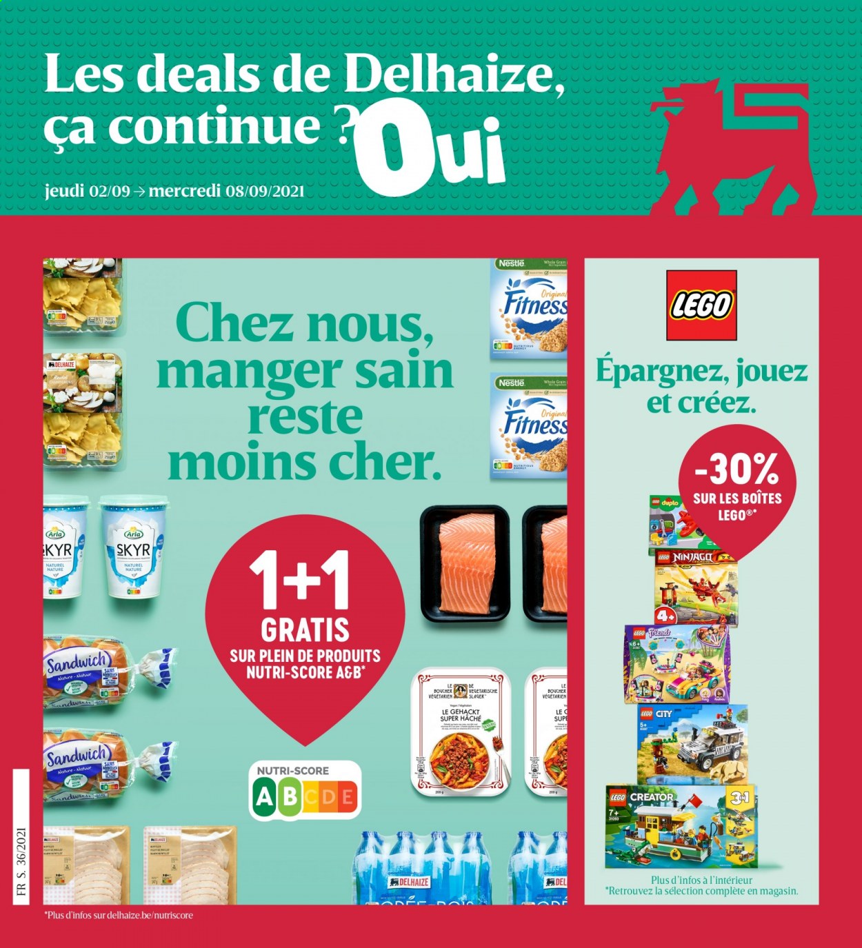 thumbnail - Delhaize-aanbieding - 02/09/2021 - 08/09/2021 -  producten in de aanbieding - champignons, uien, sandwich, Arla, Skyr, Nestlé, ravioli. Pagina 1.