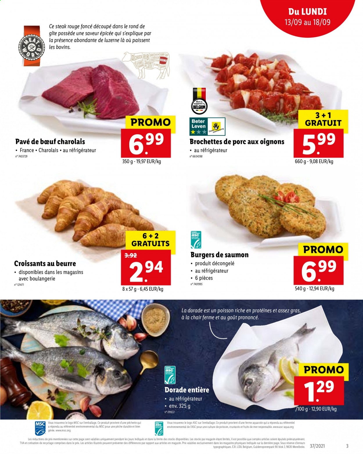 thumbnail - Catalogue Lidl - 13/09/2021 - 18/09/2021 - Produits soldés - steak, brochettes de porc, viande de porc, croissant, saumon, dorade. Page 3.
