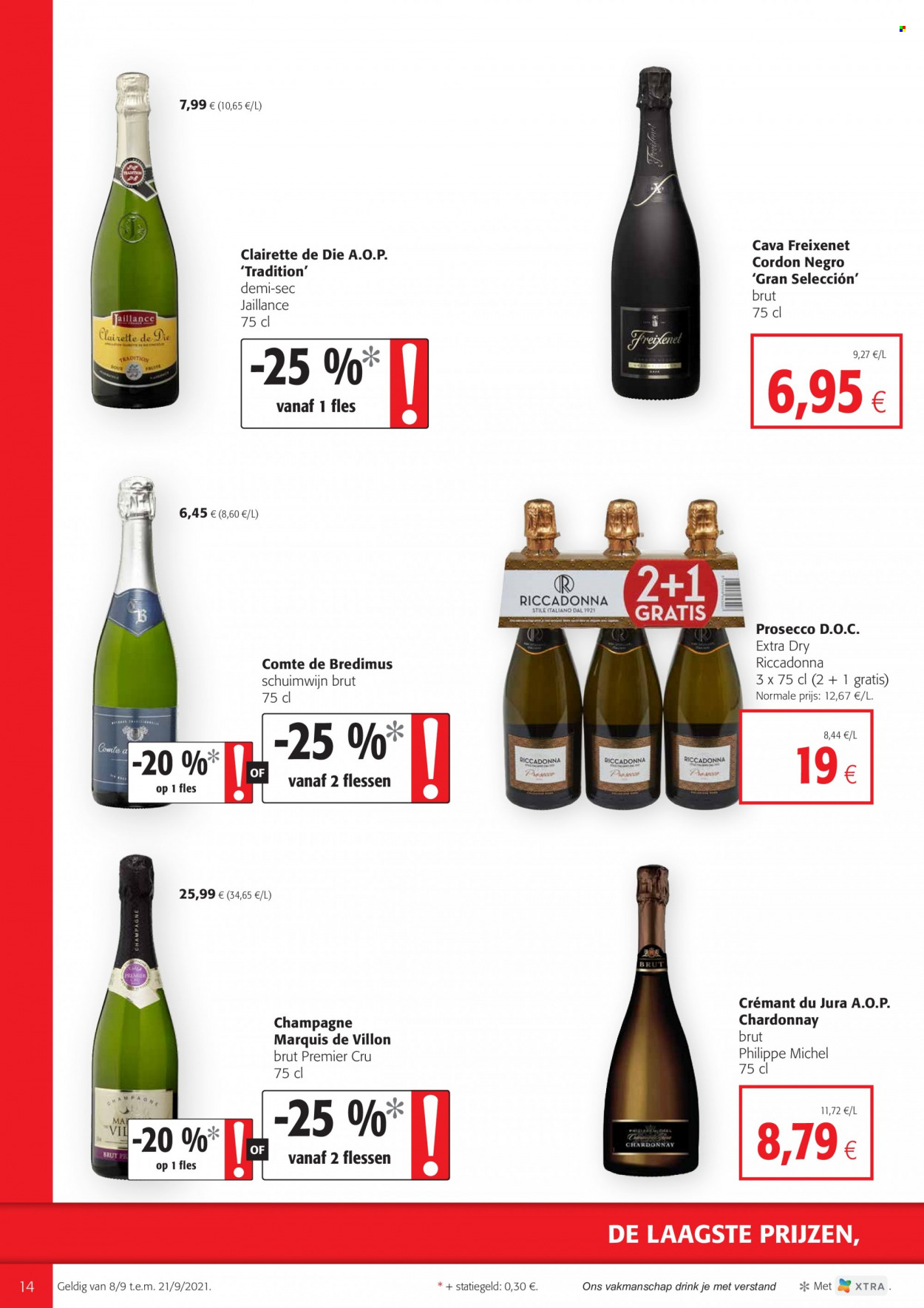 thumbnail - Colruyt-aanbieding - 08/09/2021 - 21/09/2021 -  producten in de aanbieding - champagne, Cava, Chardonnay, prosecco. Pagina 14.
