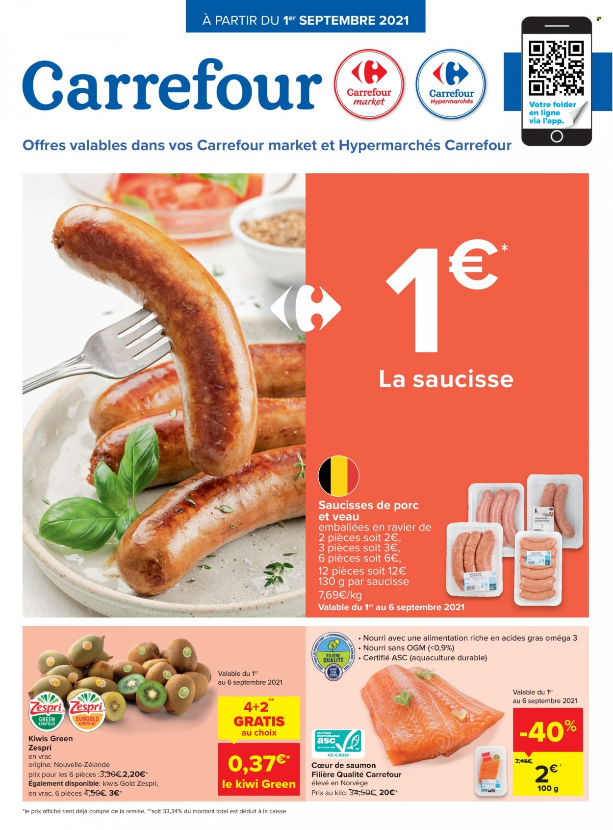 thumbnail - Catalogue Carrefour - 01/09/2021 - 13/09/2021 - Produits soldés - kiwi, saumon, saucisse. Page 1.