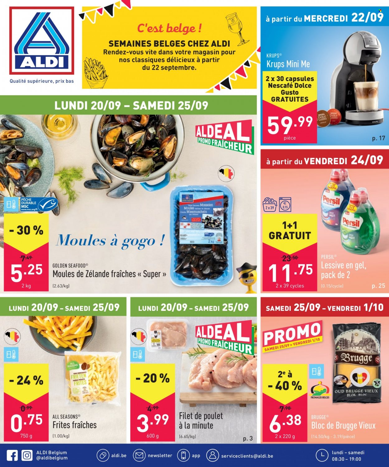 thumbnail - Catalogue ALDI - 20/09/2021 - 25/09/2021 - Produits soldés - filet de poulet, viande de poulet, moules, frites, Nescafé Dolce Gusto, lessive, persil, Krups. Page 1.