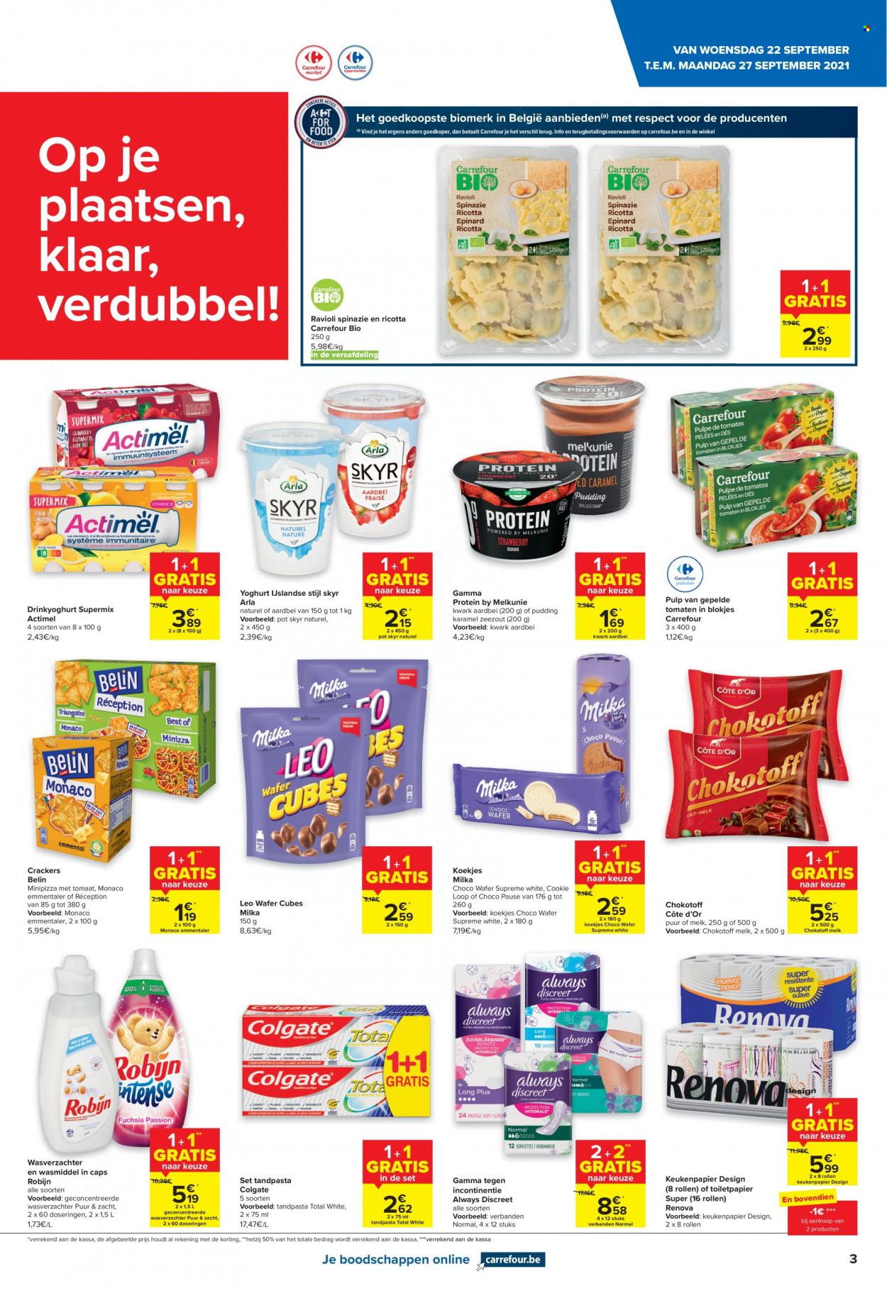 thumbnail - Catalogue Carrefour - 22/09/2021 - 27/09/2021 - Produits soldés - ravioli, yaourt, Milka, skyr, Actimel, Côte d'Or, crackers, Colgate, Always, Discreet, ricotta. Page 3.