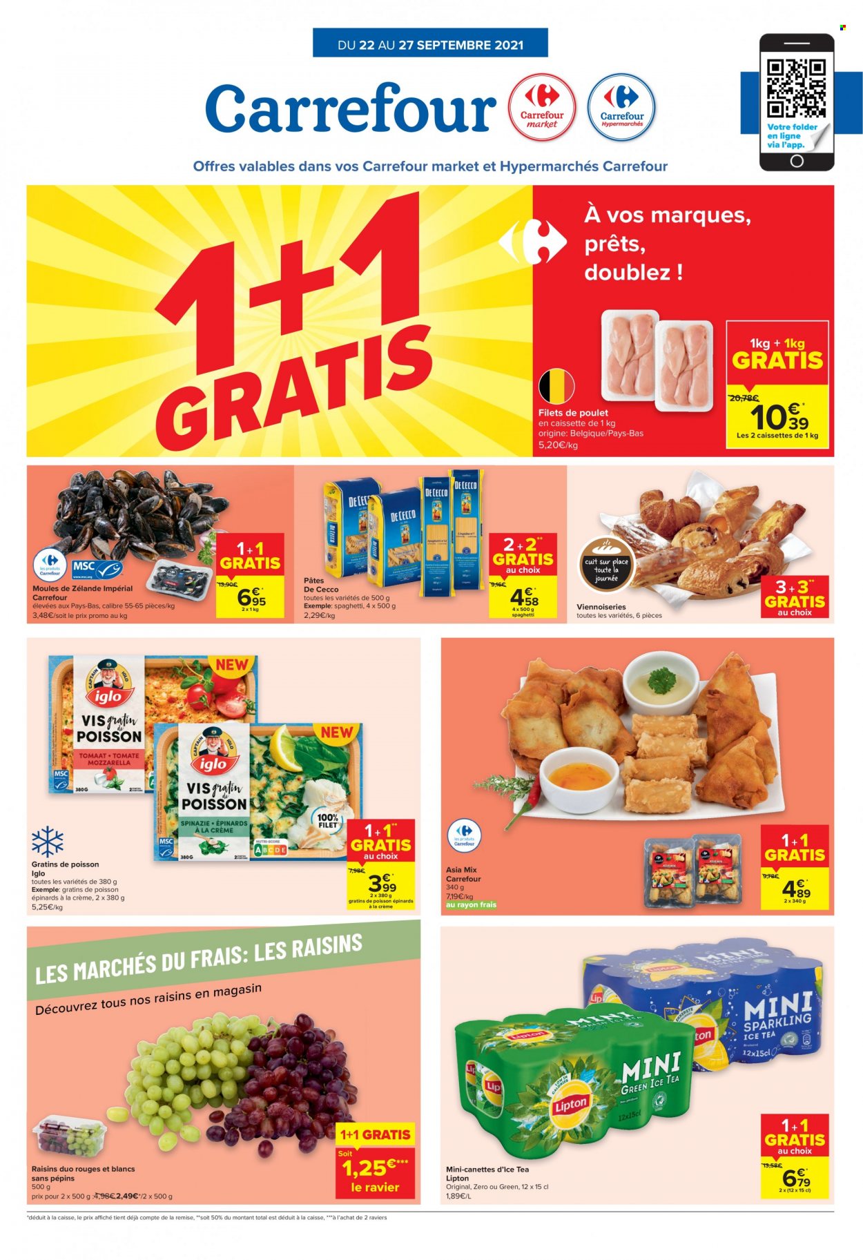 thumbnail - Carrefour-aanbieding - 22/09/2021 - 27/09/2021 -  producten in de aanbieding - crème, Iglo, spaghetti, Lipton, ice tea, thee. Pagina 1.