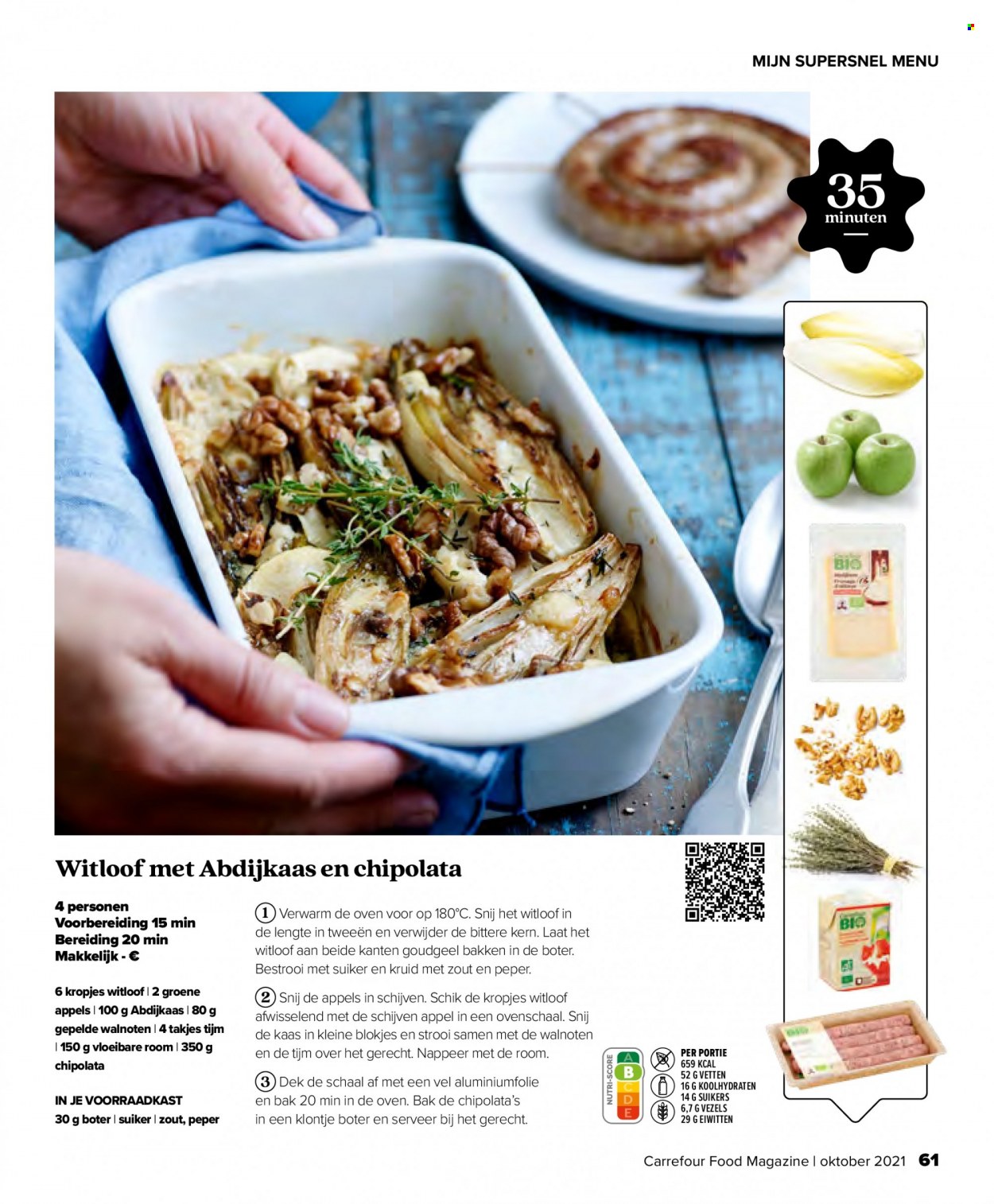 thumbnail - Carrefour-aanbieding - 01/10/2021 - 31/10/2021 -  producten in de aanbieding - appels, chipolataworstjes, kaas, room, suiker, tijm, walnoten. Pagina 61.