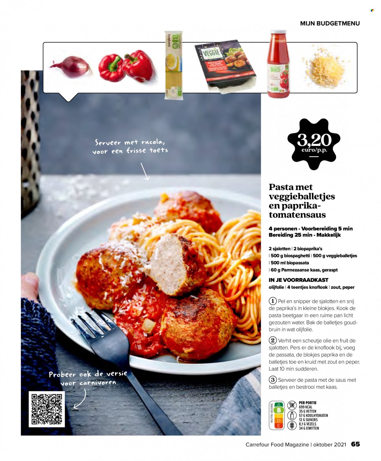 thumbnail - Carrefour-aanbieding - 01/10/2021 - 31/10/2021 -  producten in de aanbieding - knoflook, rucola, Veggie, kaas, parmezaanse kaas, tomatensaus, pasta, teentjes, olijfolie, pan. Pagina 65.