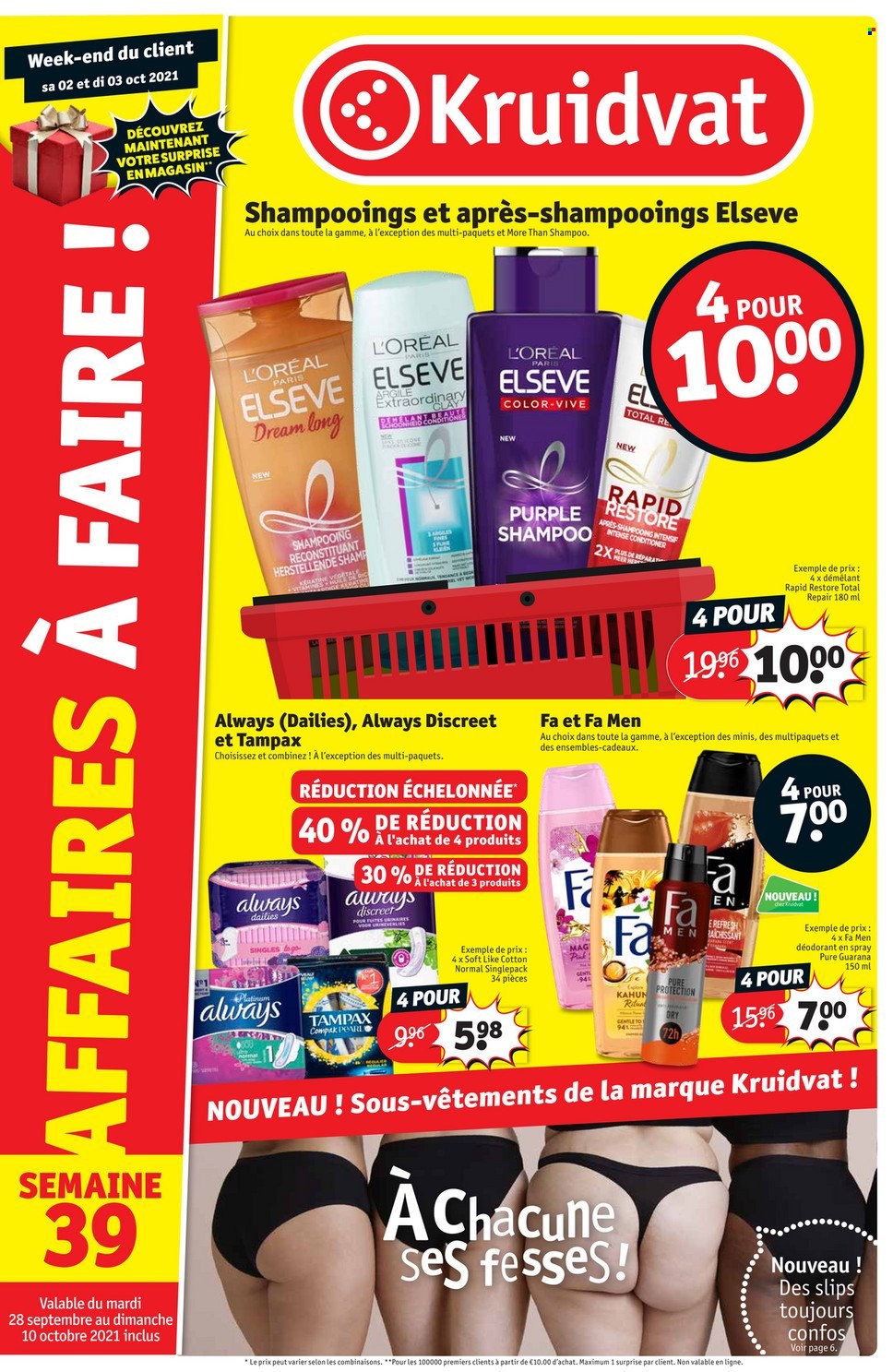 thumbnail - Catalogue Kruidvat - 28/09/2021 - 10/10/2021 - Produits soldés - L'Oréal, Fa Men, shampooing, Always, Discreet, Tampax, déodorant, desodorisant, slip, Elseve. Page 1.
