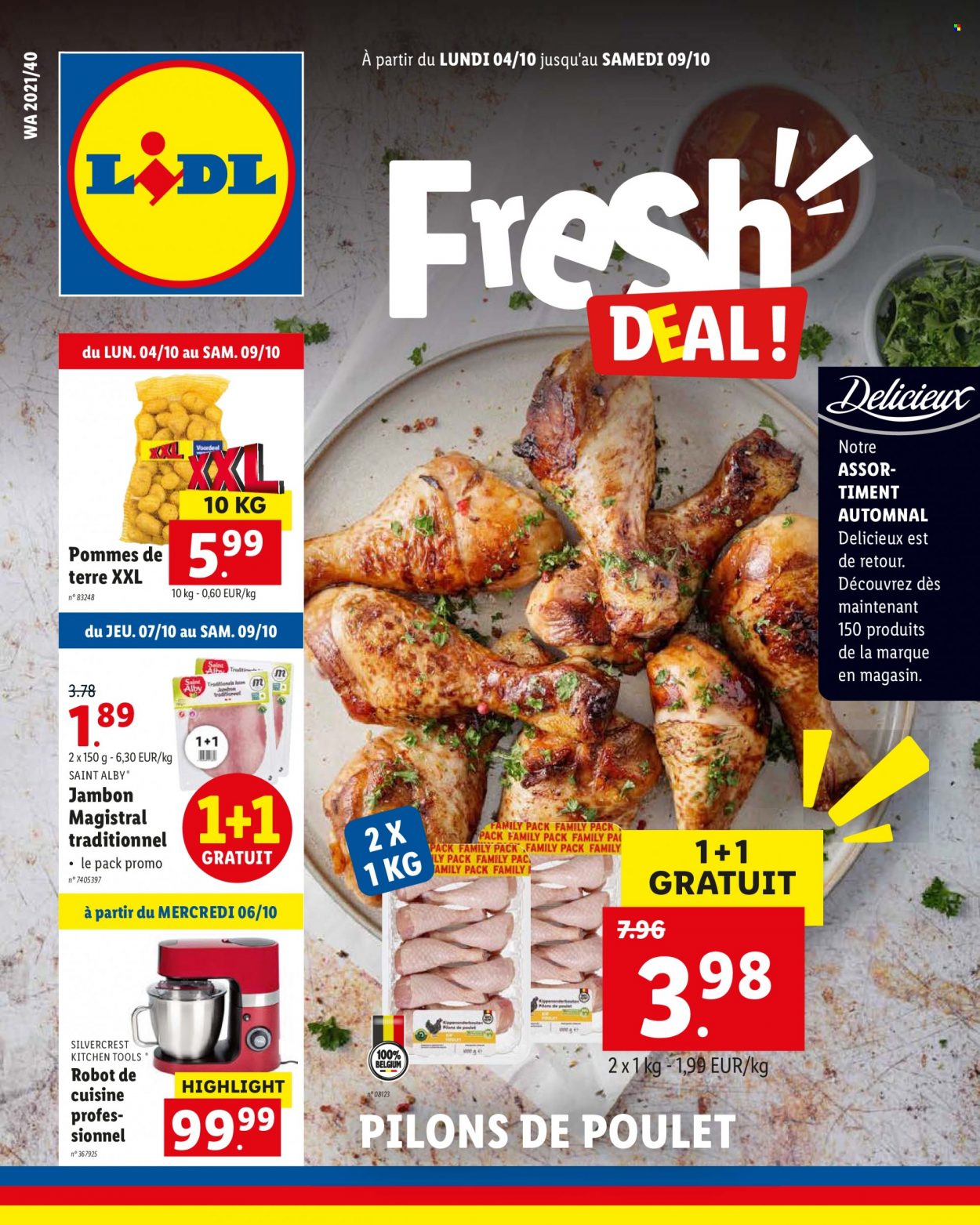 thumbnail - Catalogue Lidl - 04/10/2021 - 09/10/2021 - Produits soldés - viande de poulet, pilons de poulet, jambon, SilverCrest, robot de cuisine. Page 1.