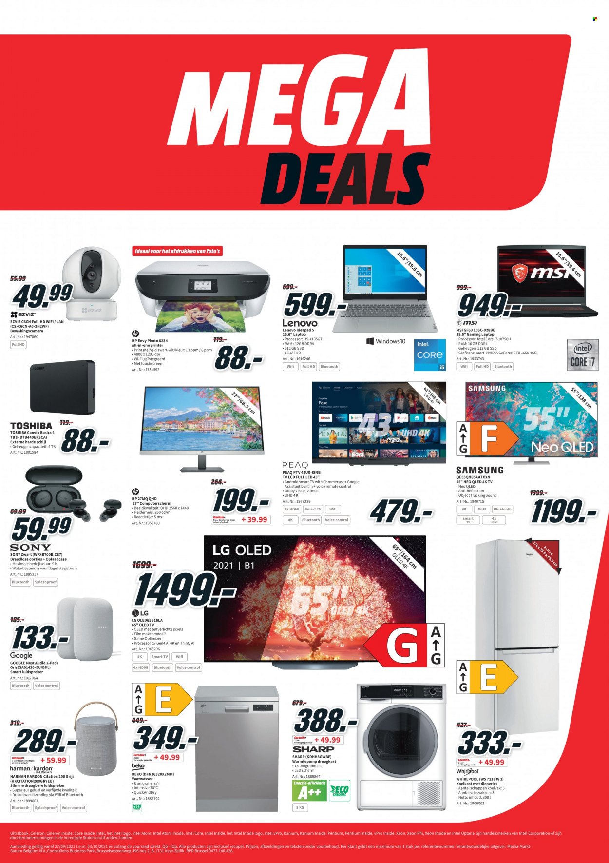 thumbnail - Catalogue MediaMarkt - 27/09/2021 - 03/10/2021 - Produits soldés - Sony, Hewlett Packard, laptop, Nvidia, Toshiba, téléviseur, smart tv, Sharp, LG, Lenovo, Whirlpool, Beko. Page 1.