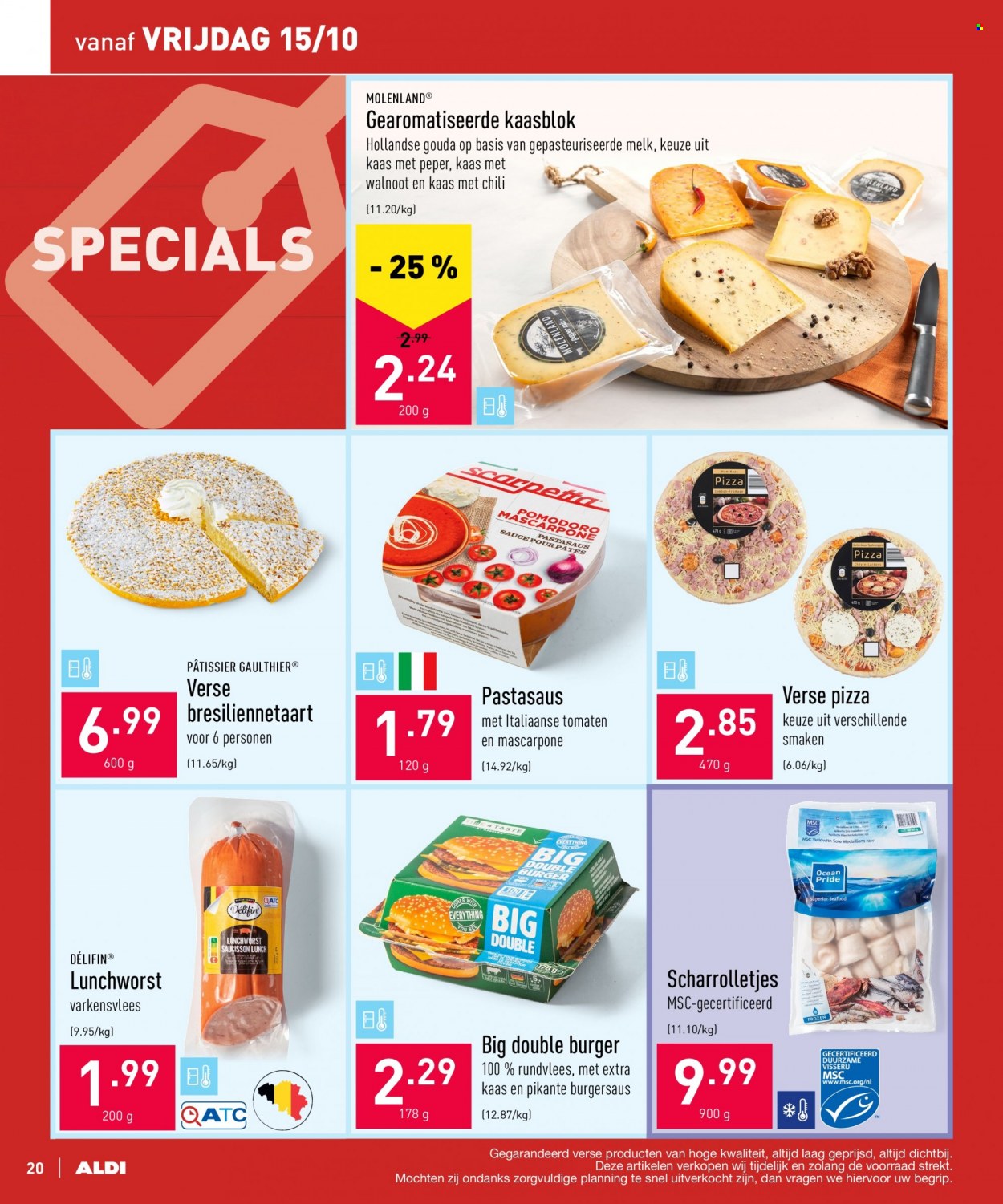 thumbnail - ALDI-aanbieding - 11/10/2021 - 22/10/2021 -  producten in de aanbieding - varkensvlees, rundvlees, pizza, kaas, Mascarpone, gouda, melk. Pagina 20.