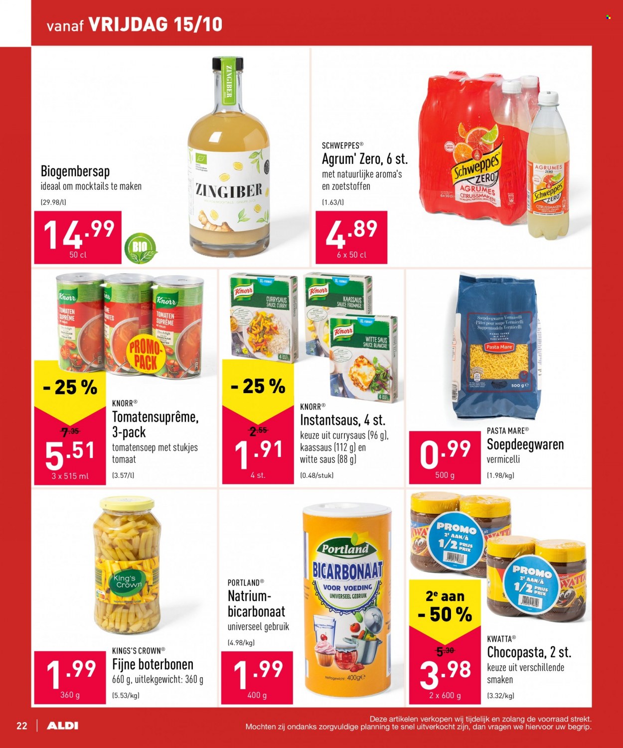 thumbnail - ALDI-aanbieding - 11/10/2021 - 22/10/2021 -  producten in de aanbieding - tomaten, Knorr, pasta, Vermicelli, Schweppes. Pagina 22.