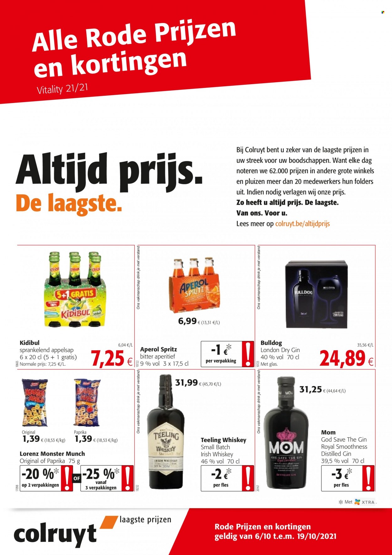 thumbnail - Catalogue Colruyt - 06/10/2021 - 19/10/2021 - Produits soldés - chips, Monster Munch, Monster, alcool, Bulldog, gin, Spritz, Aperol, whisky. Page 1.