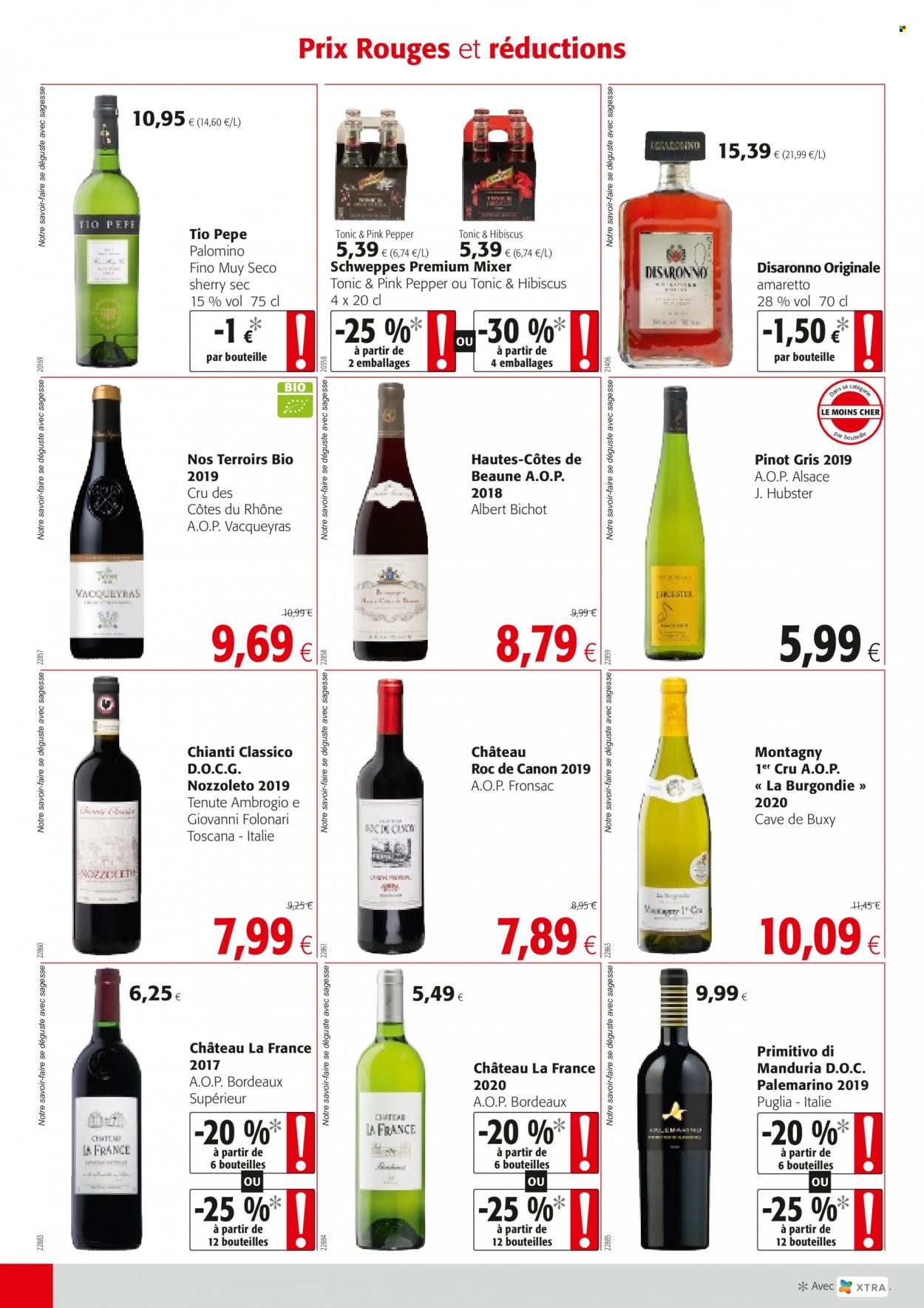 thumbnail - Colruyt-aanbieding - 06/10/2021 - 19/10/2021 -  producten in de aanbieding - Schweppes, Chianti, Pinot Griggio, Côtes du Rhône, sherry, Amaretto. Pagina 2.