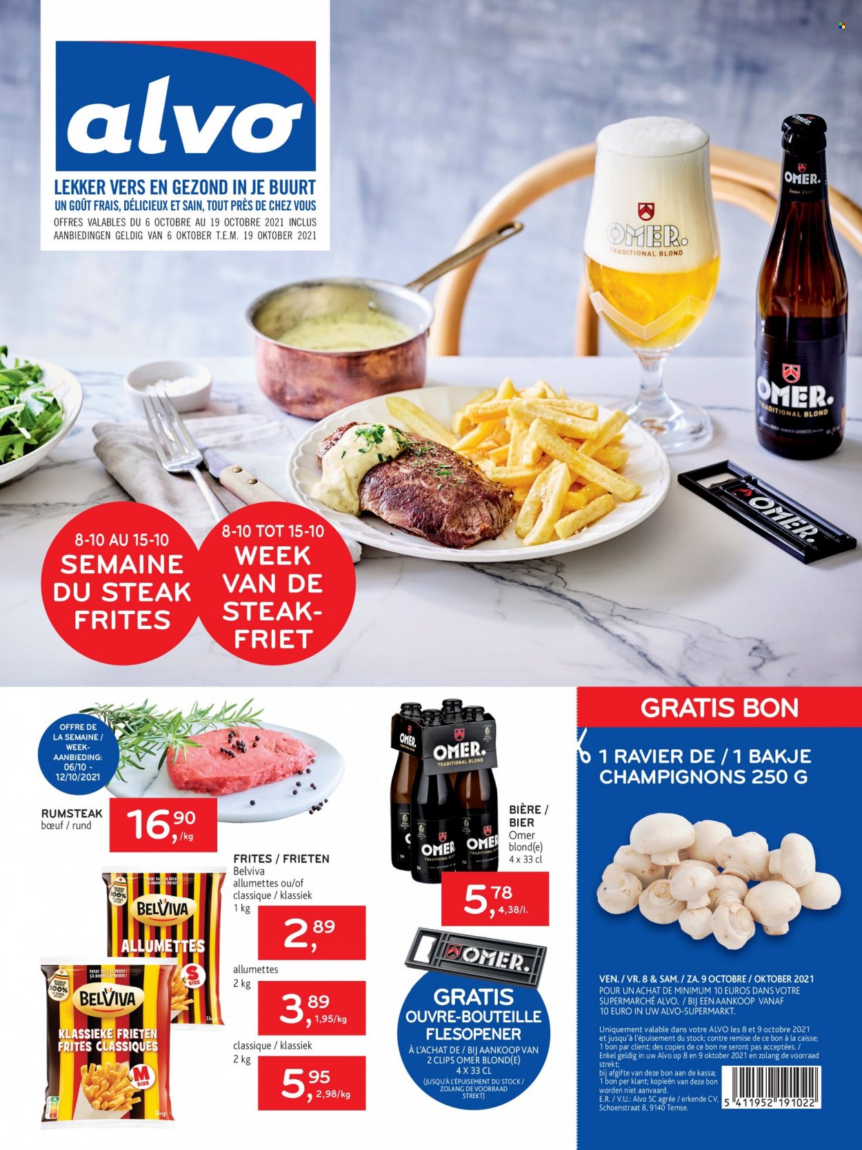 thumbnail - Alvo-aanbieding - 06/10/2021 - 19/10/2021 -  producten in de aanbieding - champignons, steak, bier, frites. Pagina 1.