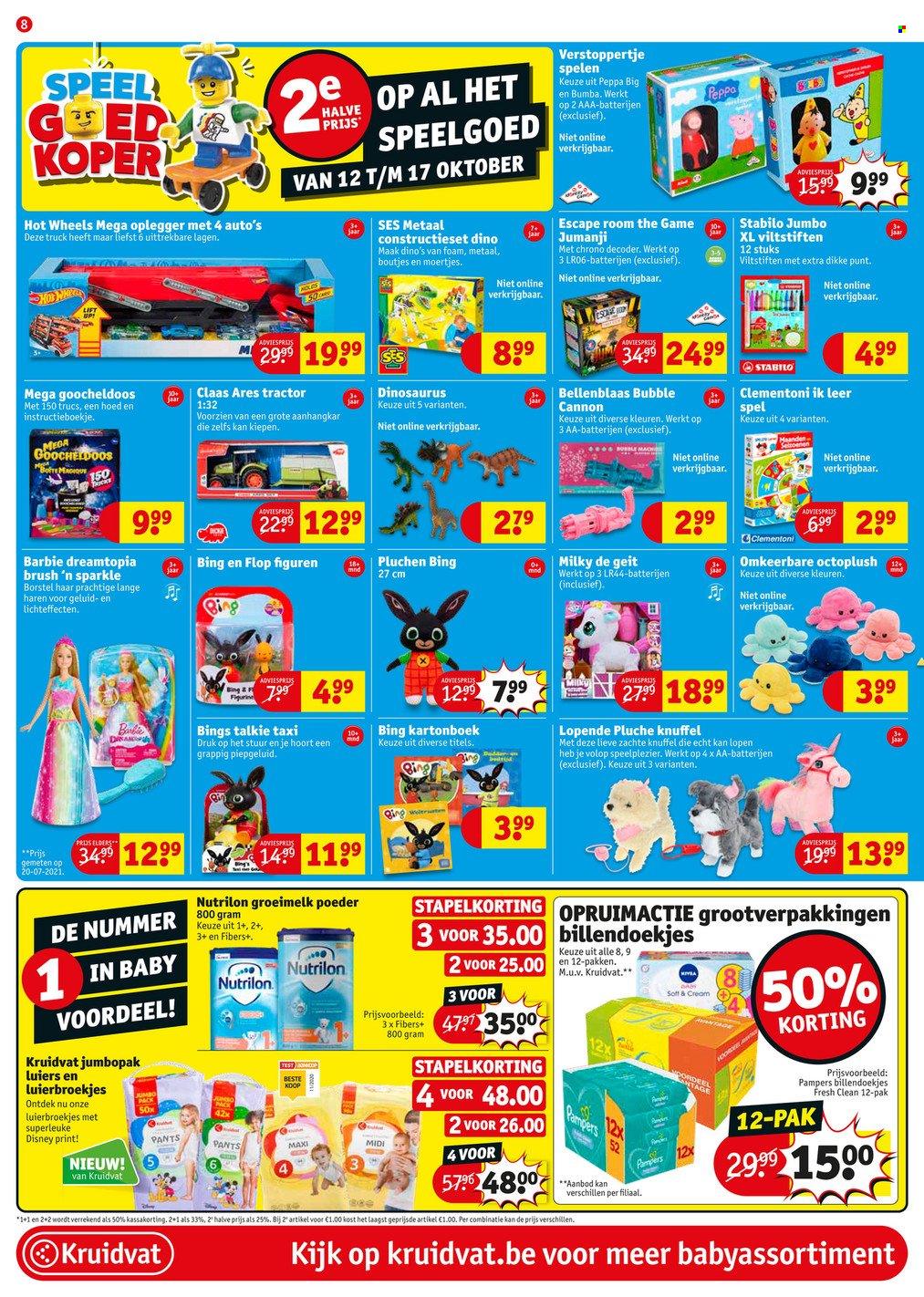 thumbnail - Kruidvat-aanbieding - 11/10/2021 - 24/10/2021 -  producten in de aanbieding - Disney, luiers, Pampers, billendoekjes, Bumba, Clementoni, knuffel, speelgoed, verstoppertje spelen, Barbie, Hot Wheels, Nutrilon. Pagina 12.