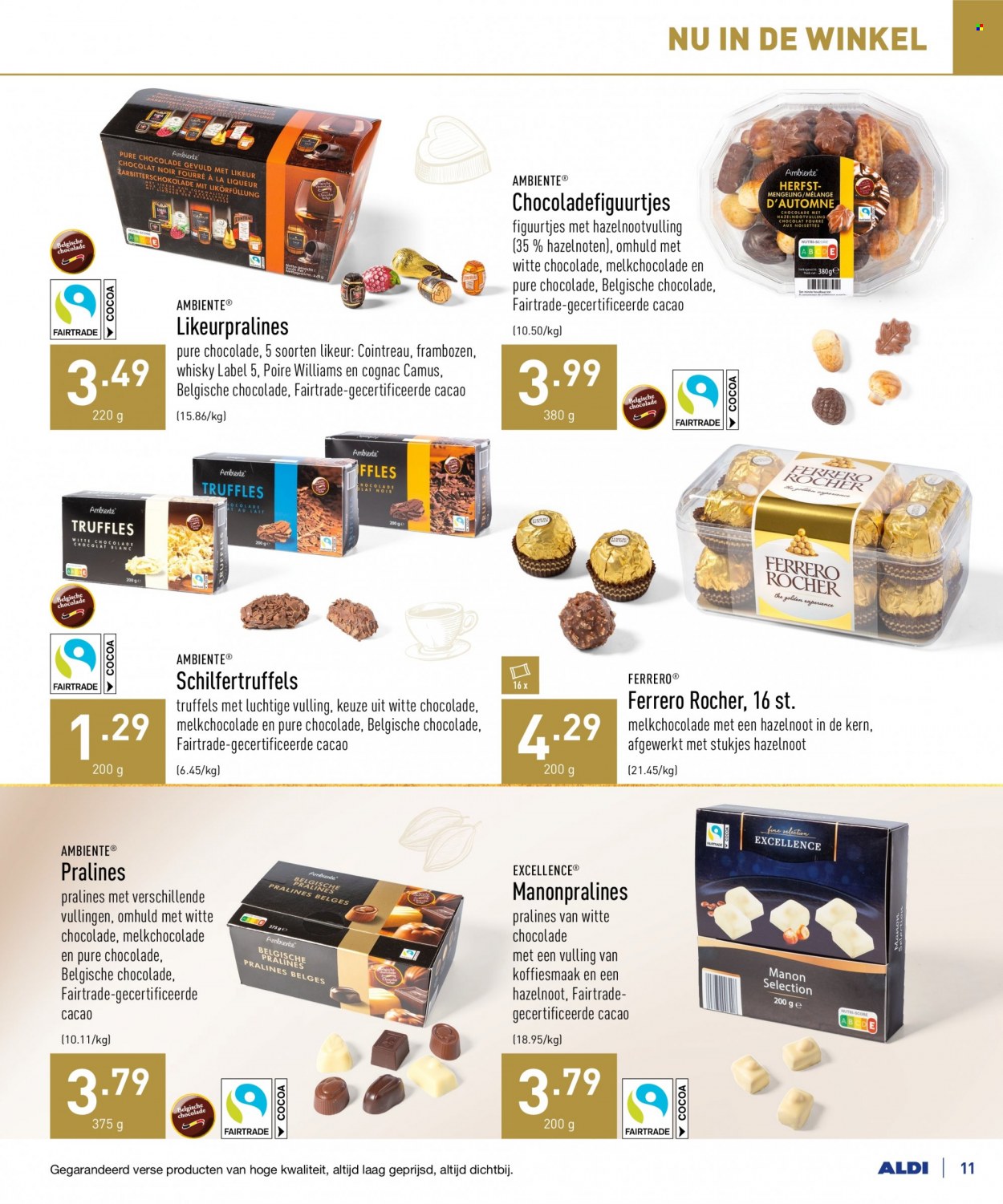 thumbnail - ALDI-aanbieding - 18/10/2021 - 23/10/2021 -  producten in de aanbieding - frambozen, chocolade, melkchocolade, pure chocolade, witte chocolade, Ferrero Rocher, hazelnoten, cognac, Cointreau, whisky. Pagina 11.