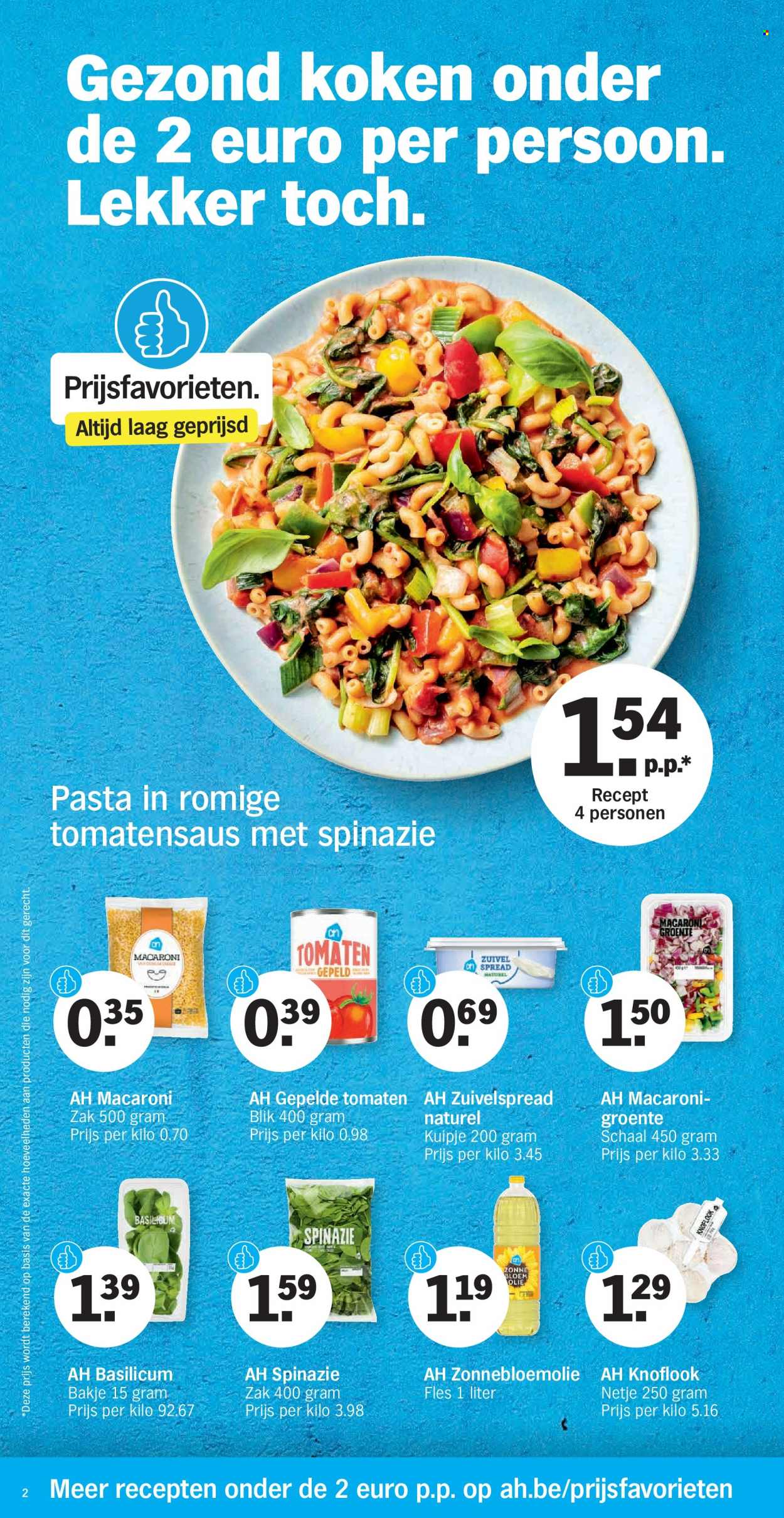 thumbnail - Albert Heijn-aanbieding - 18/10/2021 - 24/10/2021 -  producten in de aanbieding - knoflook, spinazie, tomatensaus, gepelde tomaten, macaroni, pasta, basilicum, zonnebloemolie. Pagina 2.