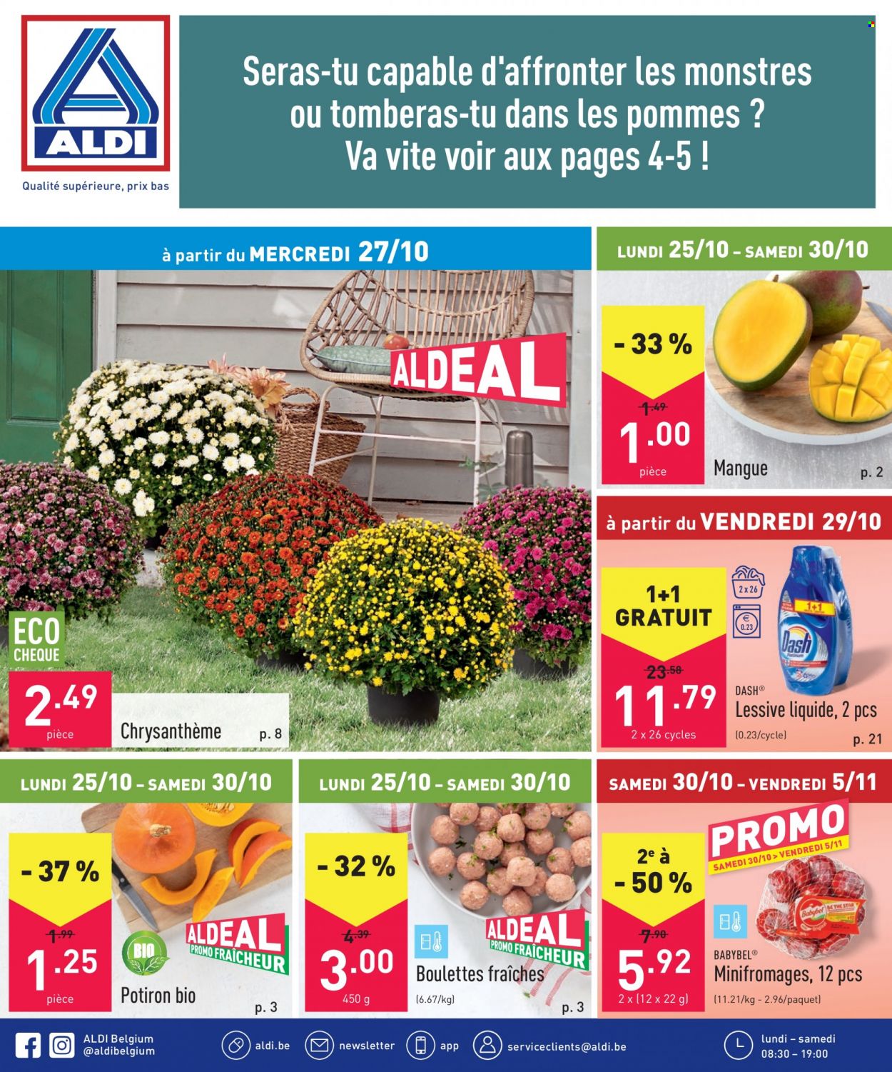 thumbnail - Catalogue ALDI - 25/10/2021 - 30/10/2021 - Produits soldés - potimarron, mangue, Babybel, fromage, lessive, chrysanthème. Page 1.