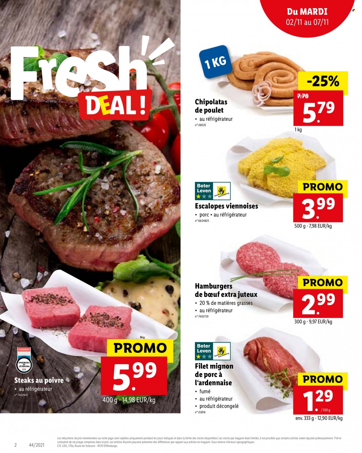 thumbnail - Catalogue Lidl - 02/11/2021 - 07/11/2021 - Produits soldés - steak, escalope, filet mignon, viande de porc, chipolata. Page 2.