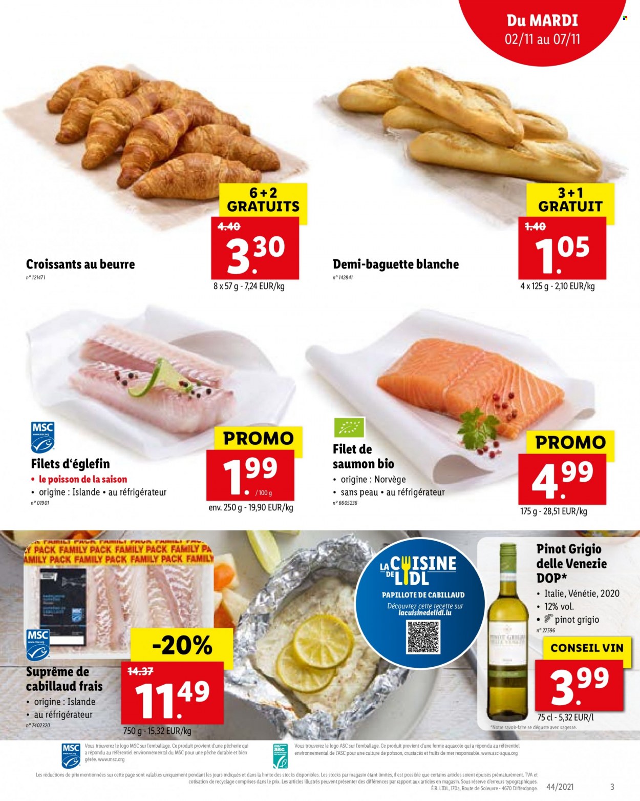 thumbnail - Catalogue Lidl - 02/11/2021 - 07/11/2021 - Produits soldés - croissant, baguette, pavés de saumon, eglefin, LU, papillotes, vin. Page 3.