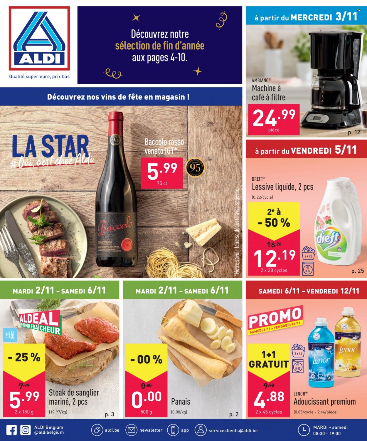 thumbnail - Catalogue ALDI - 02/11/2021 - 12/11/2021 - Produits soldés - steak, panais, café, vin, assouplissant, lessive, Lenor. Page 1.