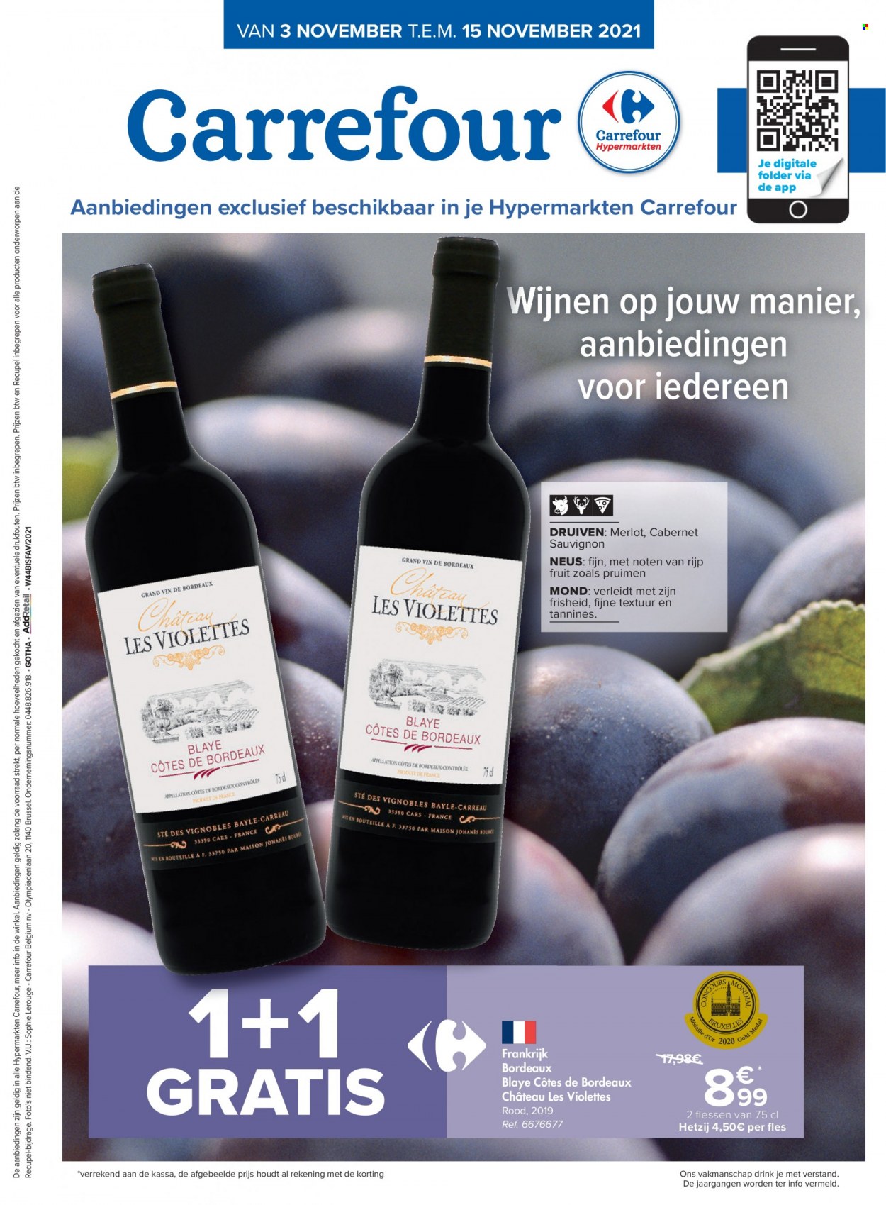 thumbnail - Catalogue Carrefour hypermarkt - 03/11/2021 - 15/11/2021 - Produits soldés - vin blanc, vin rouge, vin, Bordeaux, alcool, Cabernet Sauvignon. Page 1.