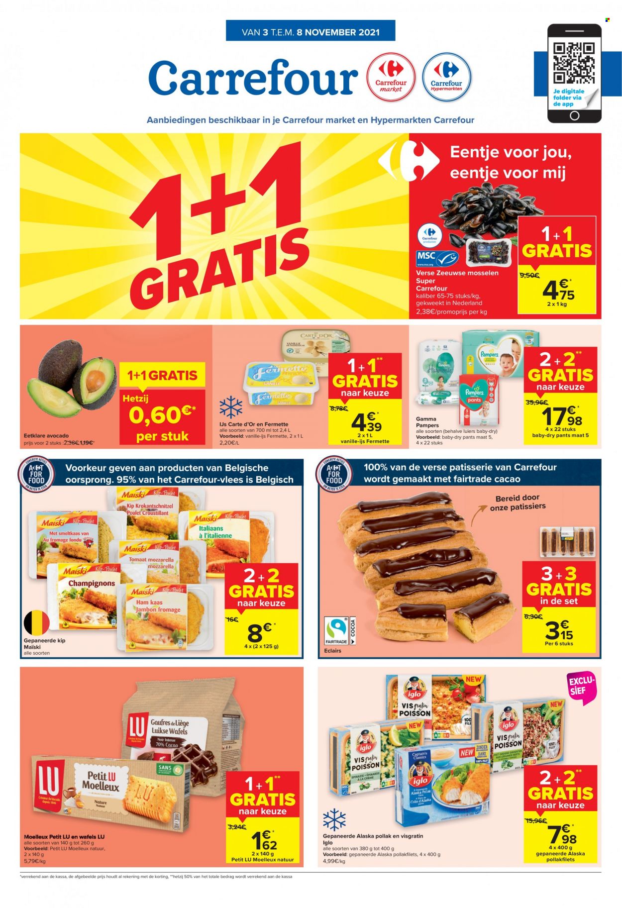 thumbnail - Catalogue Carrefour - 03/11/2021 - 08/11/2021 - Produits soldés - éclair, LU, cacao, Pampers. Page 1.