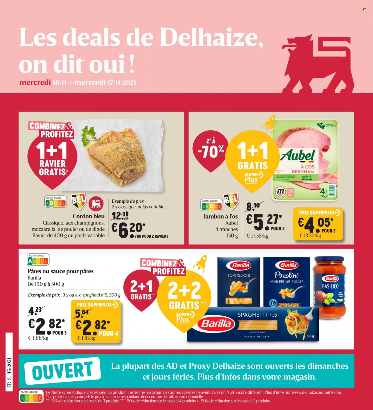 thumbnail - Catalogue Delhaize - 10/11/2021 - 17/11/2021 - Produits soldés - cordon bleu, jambon, fromage, mozzarella, Barilla. Page 1.