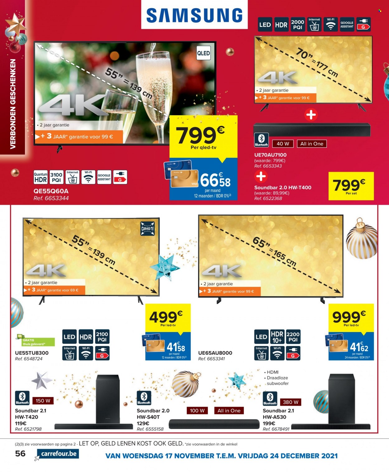 thumbnail - Carrefour hypermarkt-aanbieding - 17/11/2021 - 24/12/2021 -  producten in de aanbieding - HDMI, TV, soundbar, subwoofer. Pagina 56.