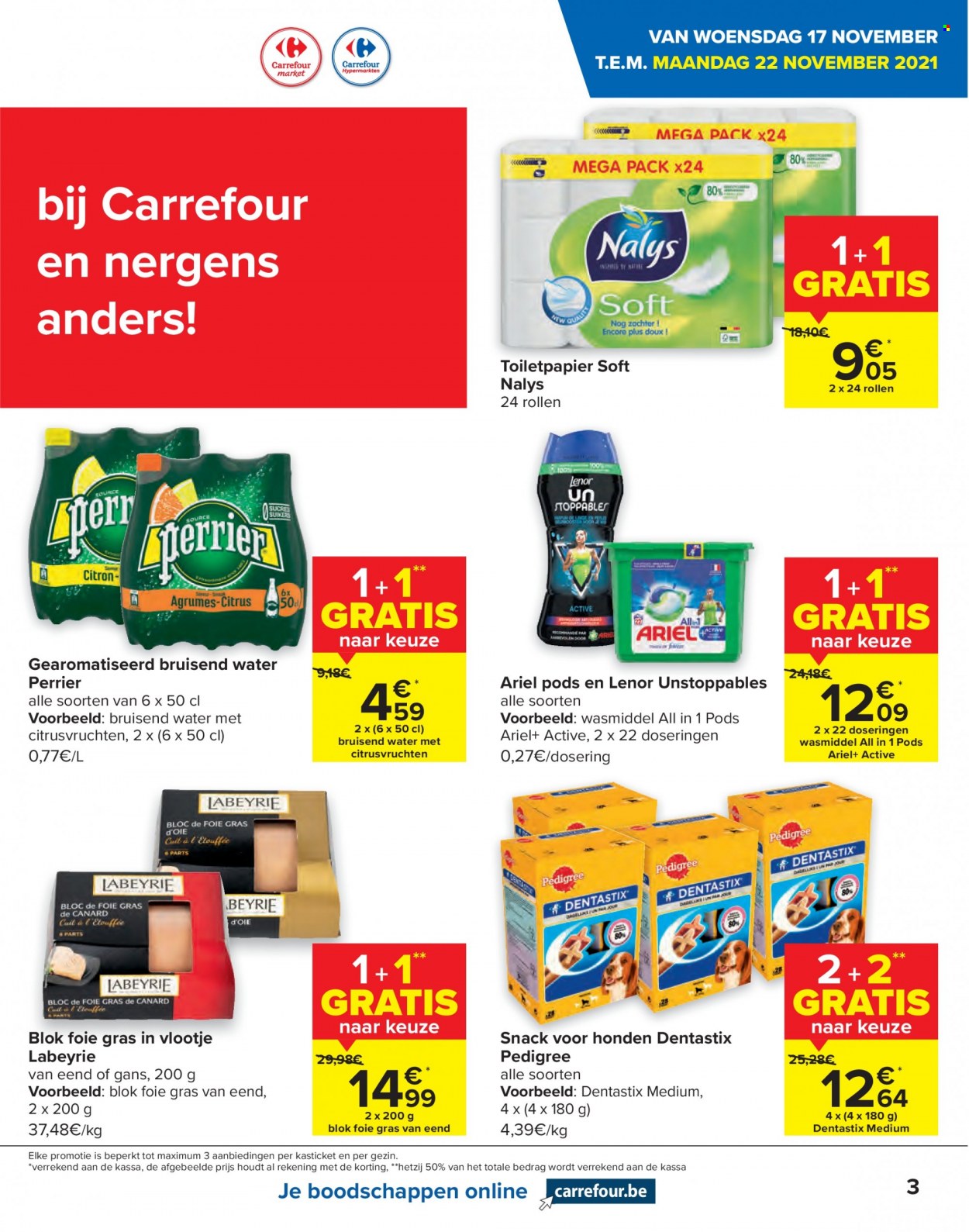 thumbnail - Carrefour-aanbieding - 17/11/2021 - 29/11/2021 -  producten in de aanbieding - foie gras, wasmiddel, Ariel, Lenor, wasmachine pods, Pedigree. Pagina 3.