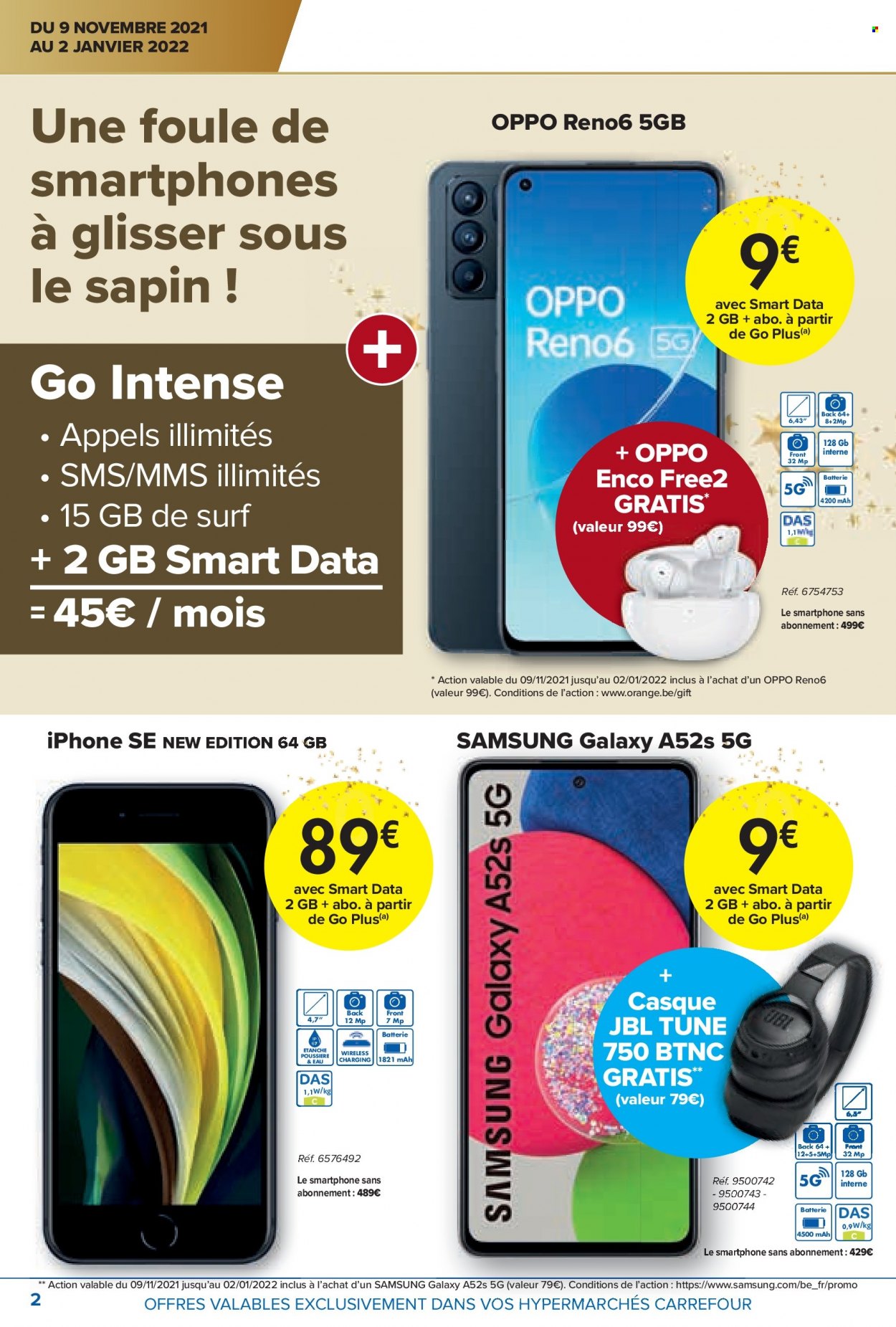 thumbnail - Carrefour hypermarkt-aanbieding - 09/11/2021 - 02/01/2022 -  producten in de aanbieding - appels, Samsung, smartphone, iPhone, iPhone SE, JBL, surfboard. Pagina 2.