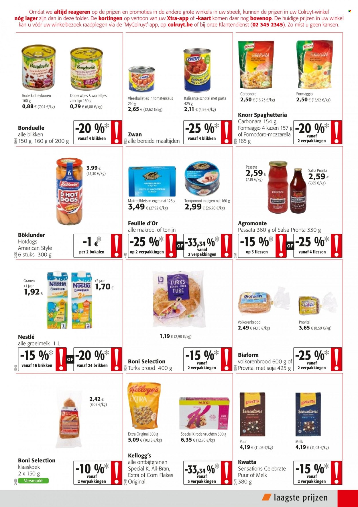 thumbnail - Colruyt-aanbieding - 17/11/2021 - 30/11/2021 -  producten in de aanbieding - brood, rode vruchten, makreel, tonijn, Knorr, mozzarella, melk, Bonduelle, Nestlé, kidneybonen, tomatensaus, Kellogg's, pasta. Pagina 9.