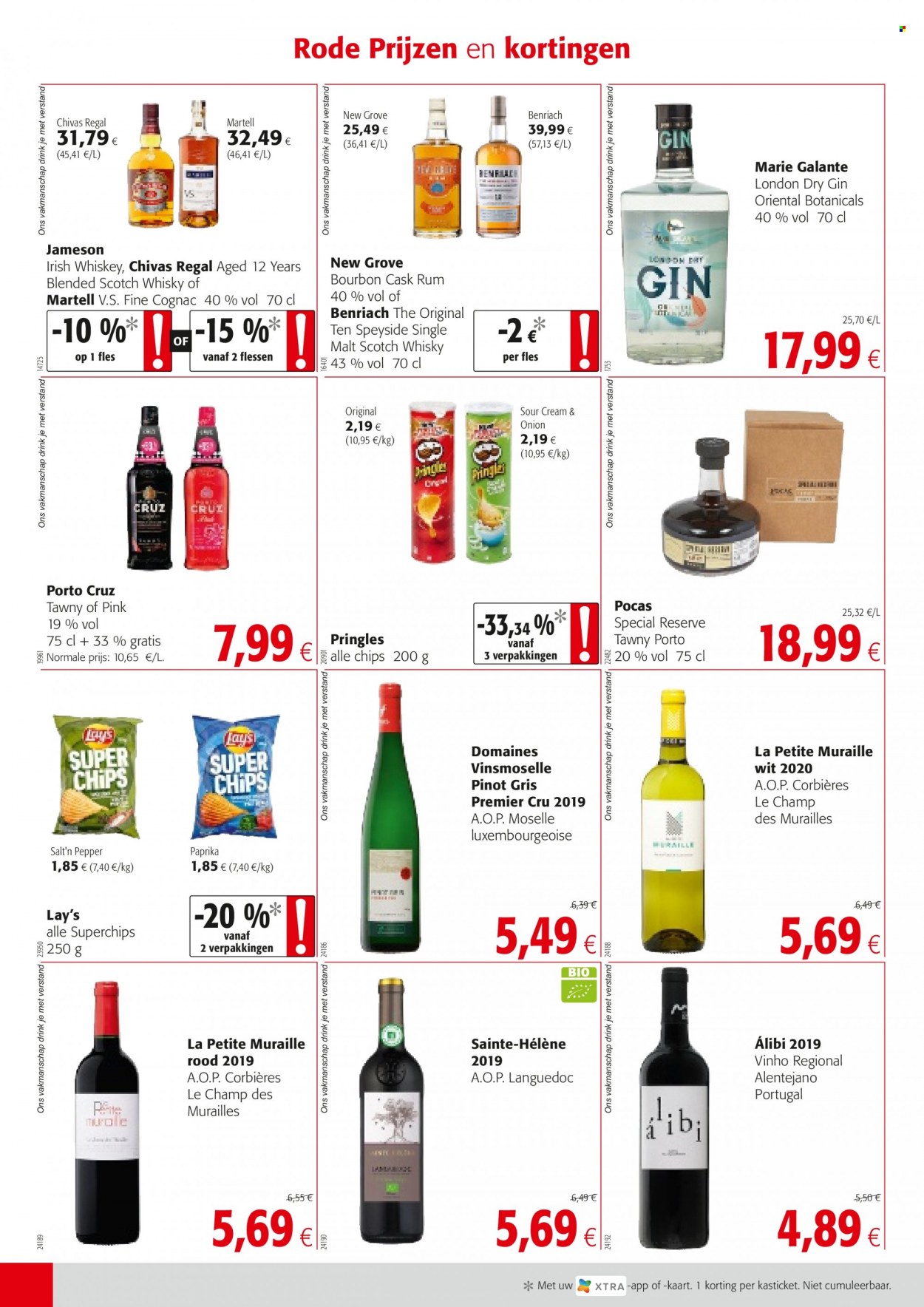 thumbnail - Colruyt-aanbieding - 17/11/2021 - 30/11/2021 -  producten in de aanbieding - Pringles, chips, Pinot Griggio, blended scotch whisky, Bourbon, rum, Jameson, London Dry Gin, scotch whisky, Single Malt, cognac, porto, whiskey, whisky, gin. Pagina 2.