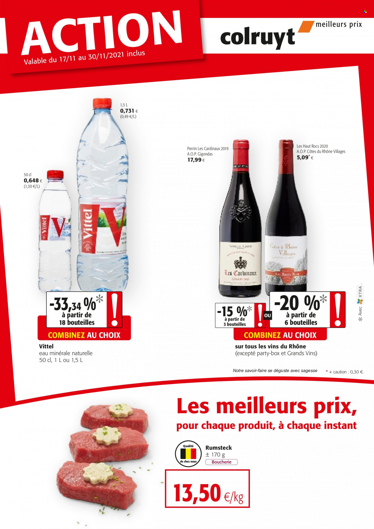 thumbnail - Catalogue Colruyt - 17/11/2021 - 30/11/2021 - Produits soldés - eau minérale, eau minérale naturelle, Vittel, Côtes du Rhône. Page 1.