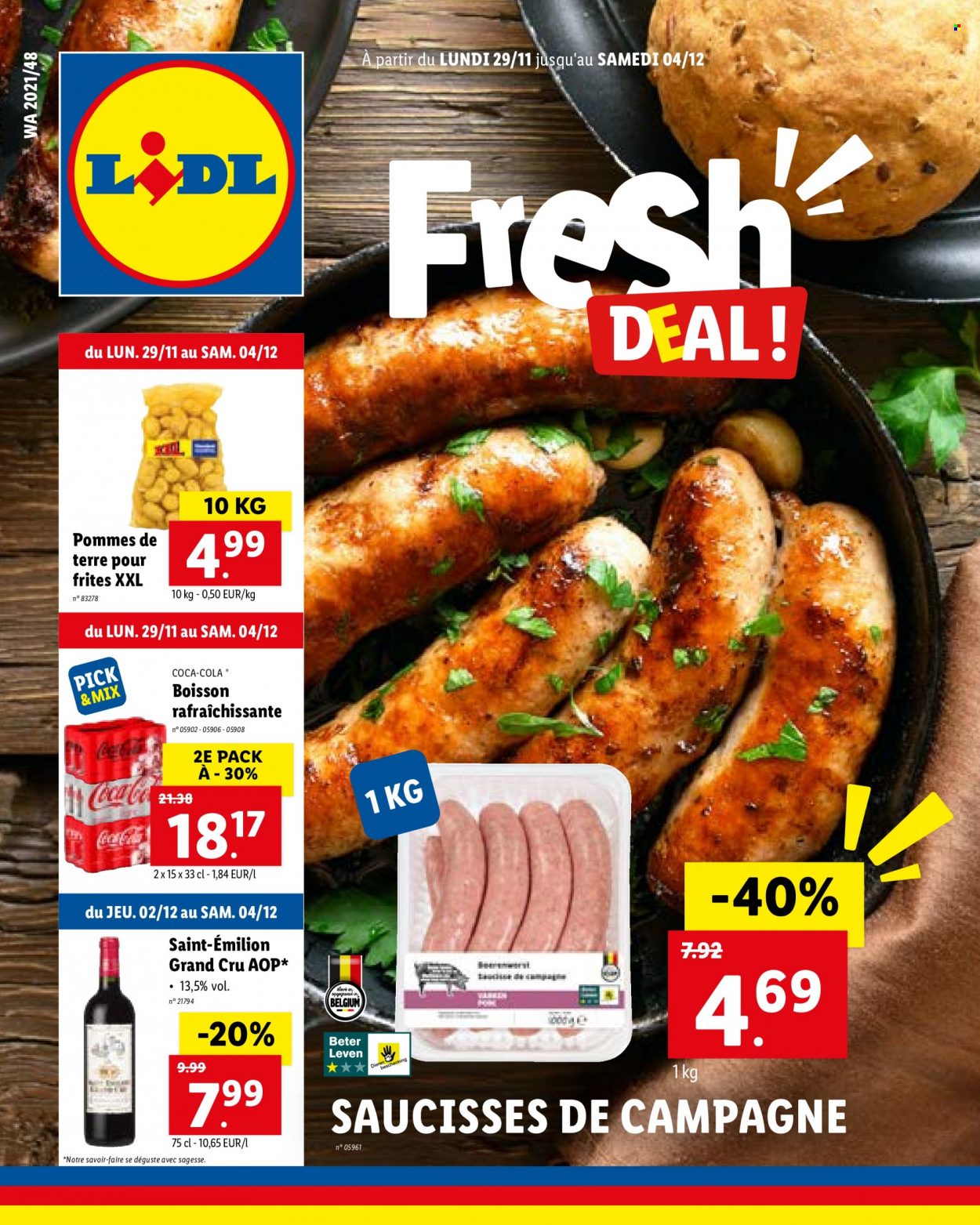 thumbnail - Catalogue Lidl - 29/11/2021 - 04/12/2021 - Produits soldés - pommes de terre, saucisse, Coca-Cola, vin. Page 1.