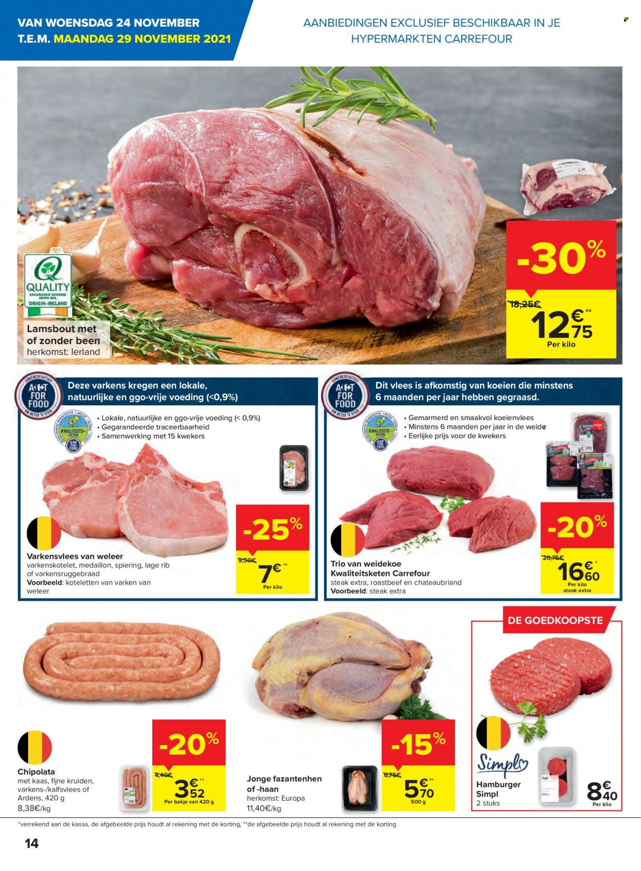 thumbnail - Carrefour hypermarkt-aanbieding - 24/11/2021 - 06/12/2021 -  producten in de aanbieding - steak, varkensvlees, roastbeef, kalfsvlees, chipolataworstjes, kaas. Pagina 14.
