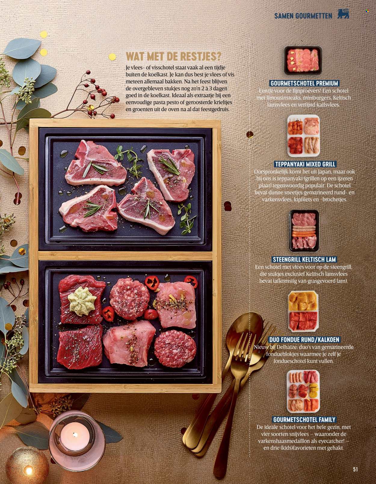 thumbnail - Delhaize-aanbieding - 01/12/2021 - 31/01/2022 -  producten in de aanbieding - gourmetschotel, varkensvlees, krieltjes, kalfsvlees, pasta, pesto. Pagina 51.