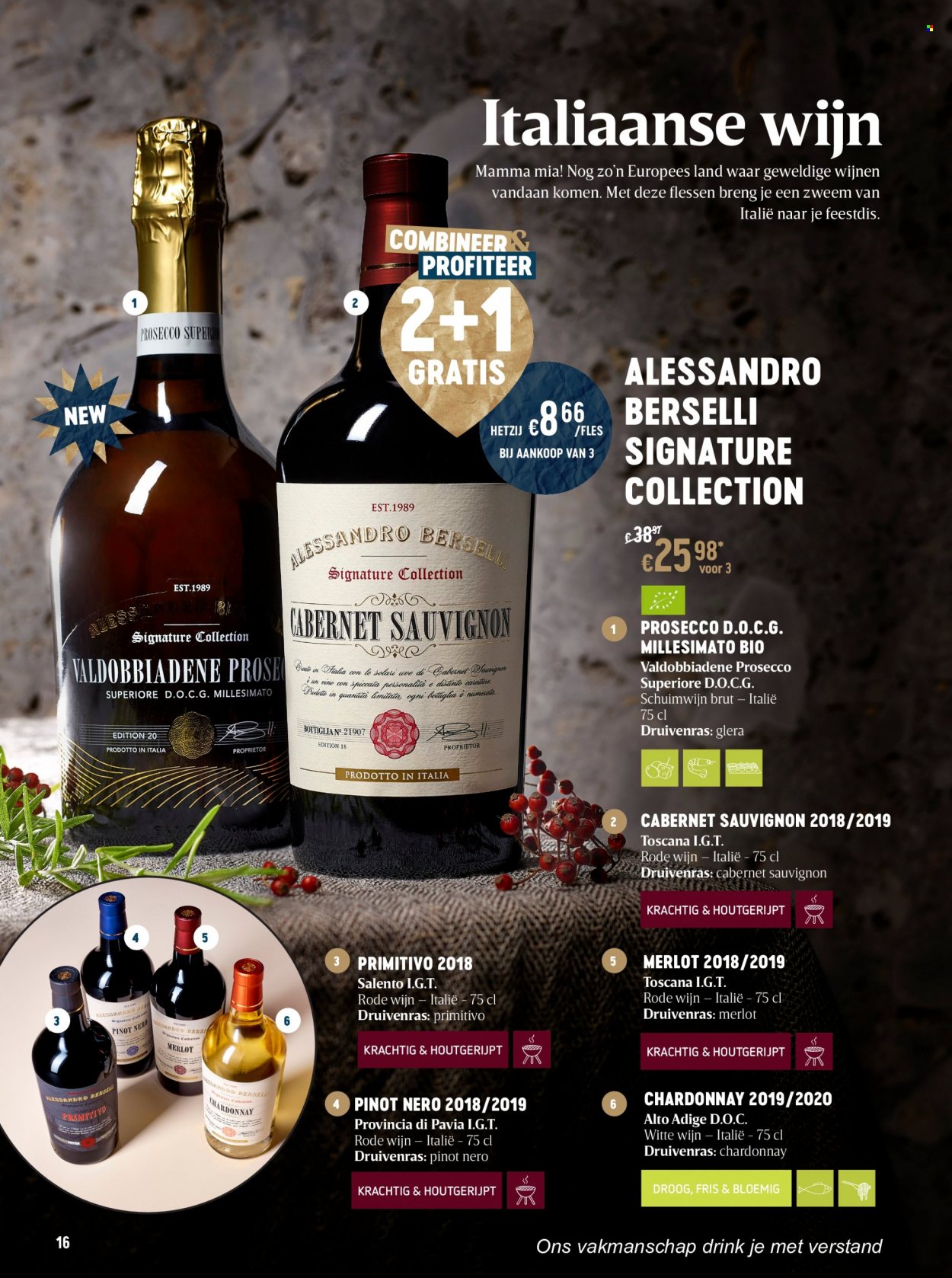 thumbnail - Delhaize-aanbieding - 18/11/2021 - 05/01/2022 -  producten in de aanbieding - Cabernet Sauvignon, Chardonnay, Merlot, rode wijn, witte wijn, wijn, prosecco. Pagina 16.