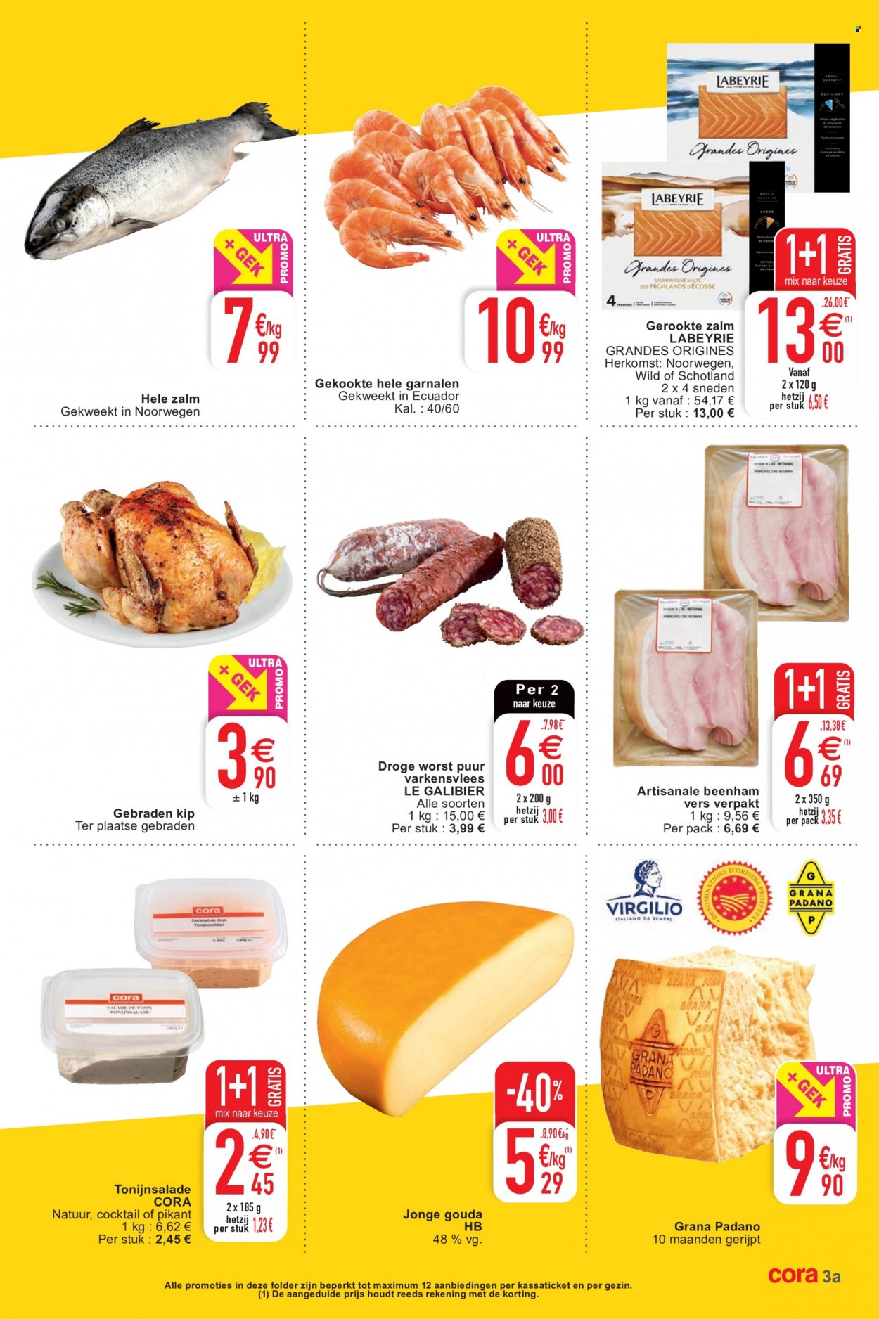 thumbnail - Cora-aanbieding - 30/11/2021 - 06/12/2021 -  producten in de aanbieding - varkensvlees, zalm, garnalen, beenham, tonijnsalade, gerookte zalm, Grana Padano, gouda. Pagina 3.