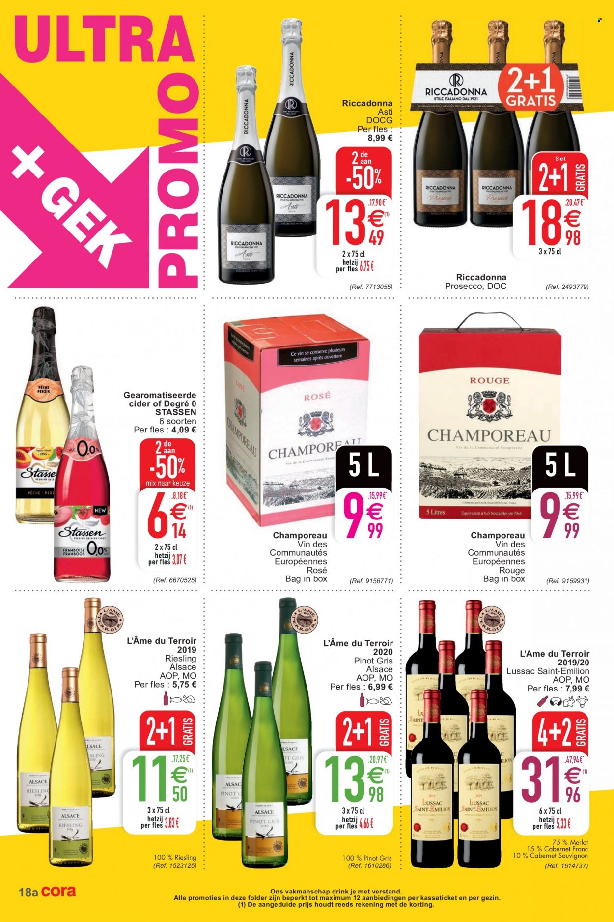 thumbnail - Cora-aanbieding - 30/11/2021 - 06/12/2021 -  producten in de aanbieding - Cabernet Sauvignon, Merlot, riesling, Pinot Griggio, prosecco, cider. Pagina 18.