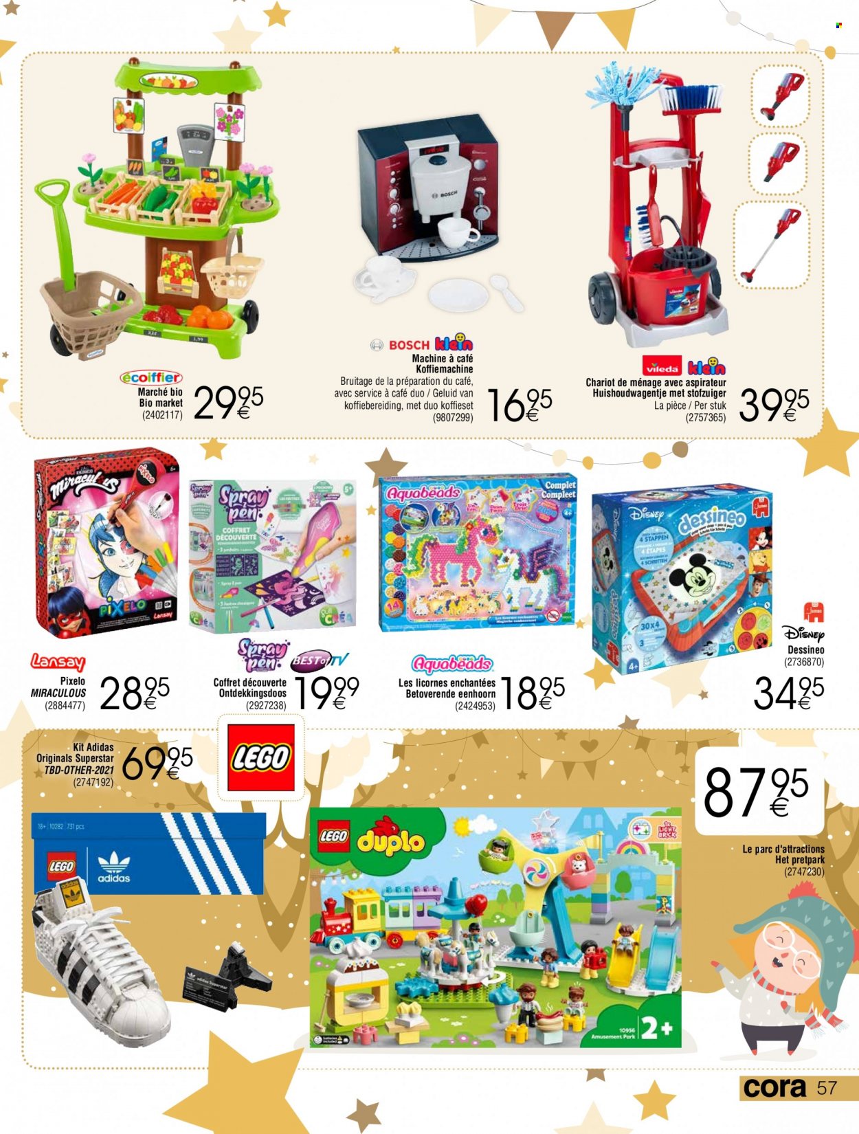 thumbnail - Cora-aanbieding - 26/11/2021 - 24/12/2021 -  producten in de aanbieding - Vileda, Disney, Adidas, Bosch, stofzuiger, eenhoorn, Aquabeads, Dessineo, LEGO, LEGO DUPLO. Pagina 57.