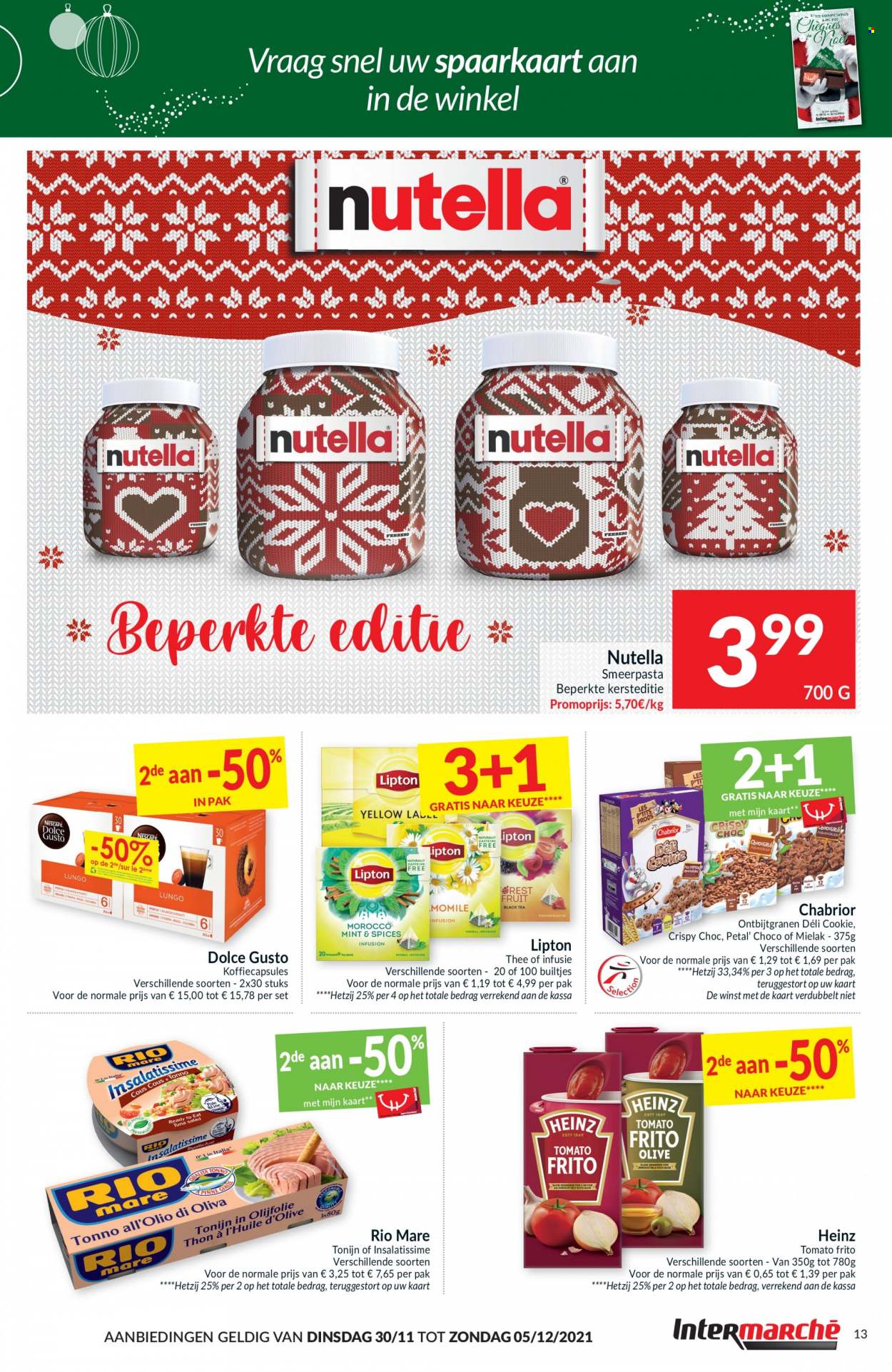 thumbnail - Intermarché-aanbieding - 30/11/2021 - 05/12/2021 -  producten in de aanbieding - Rio Mare, tonijn, Nutella, Heinz, tomato frito, Lipton, Dolce Gusto, Fa. Pagina 13.